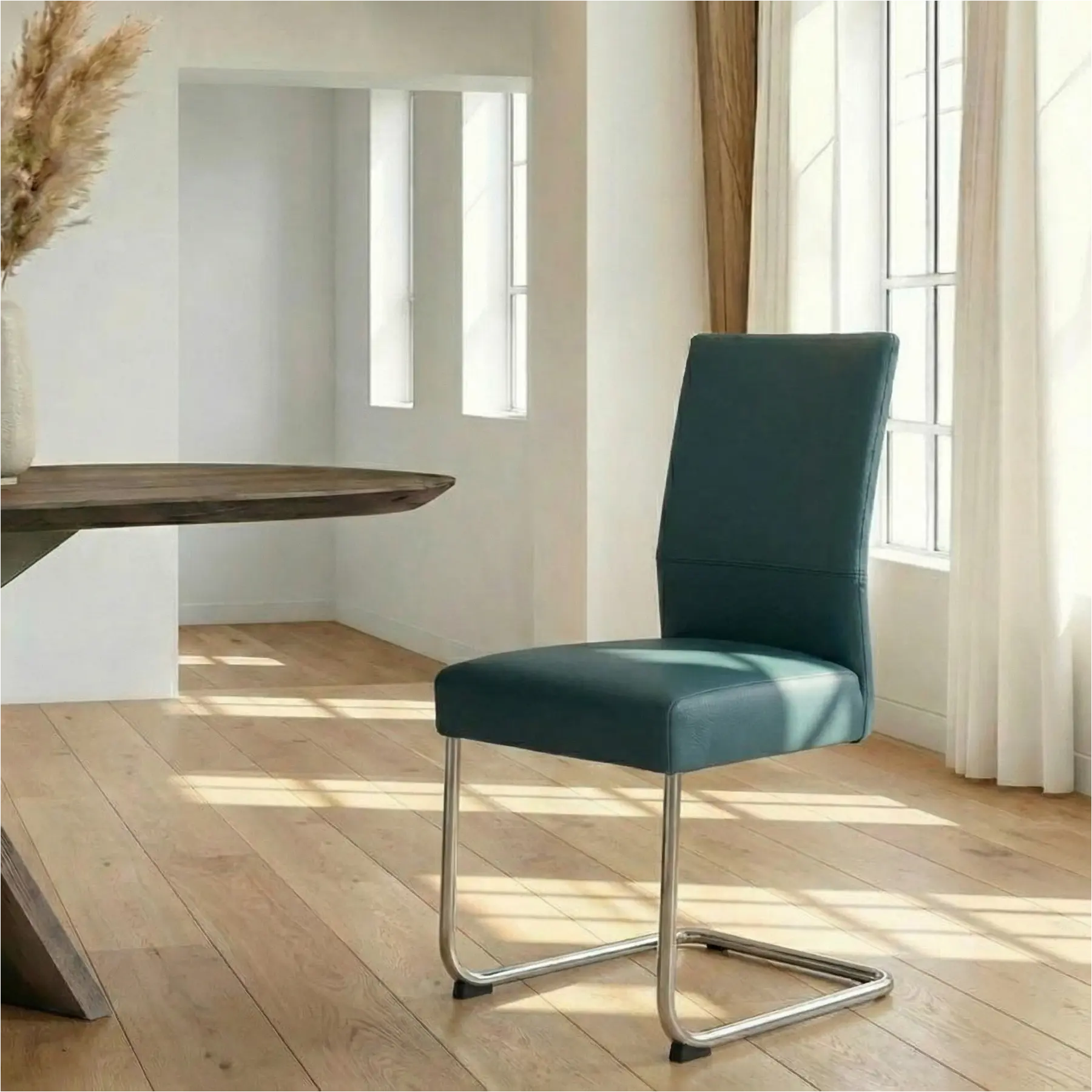 afbeelding van Leren eetkamerstoel Piece - Toledo Whale (blauw/grijs) - Sledepoot staal rond RVS