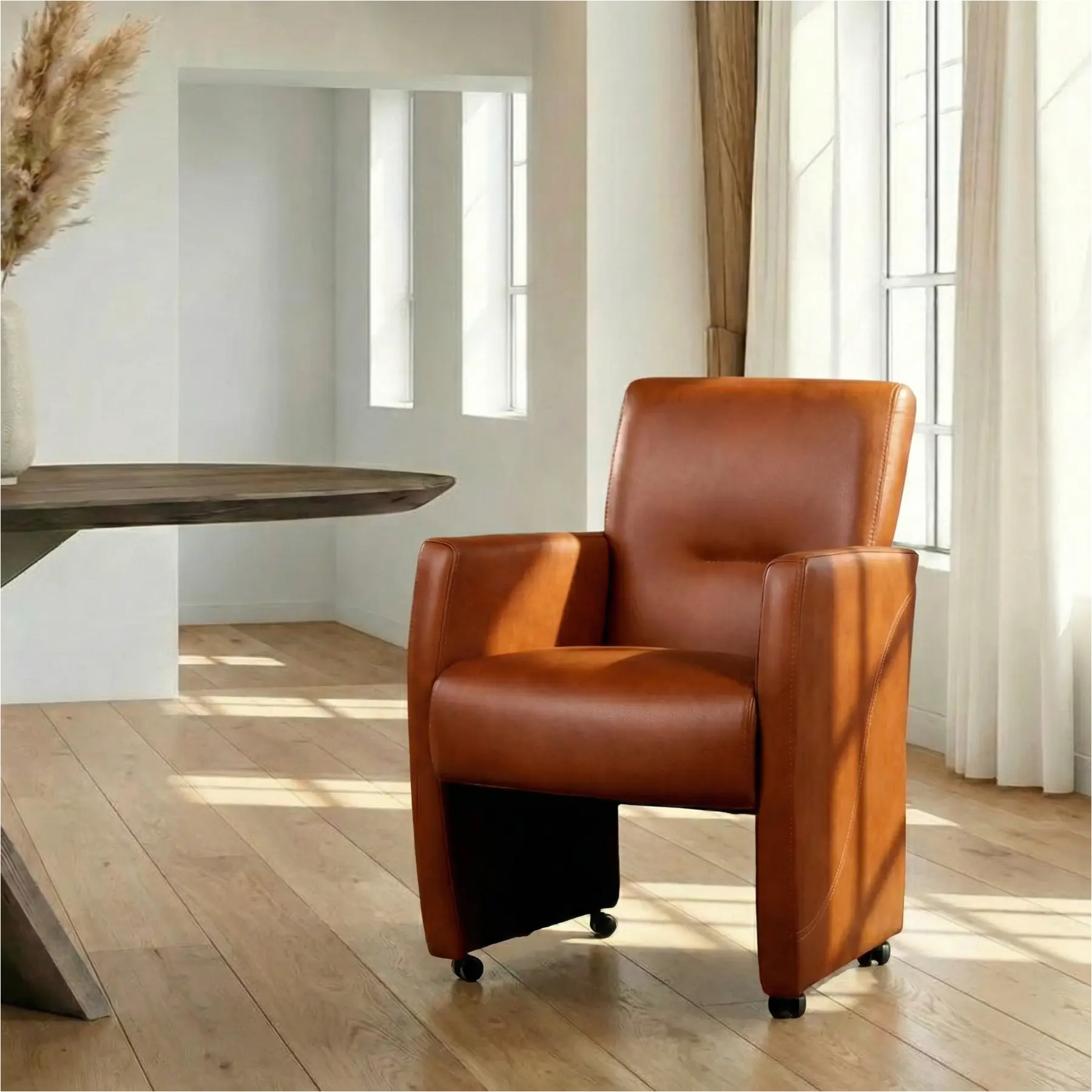 afbeelding van Leren eetkamerstoel Pleasure - Granada Savannah (cognac) - Met handgreep RVS