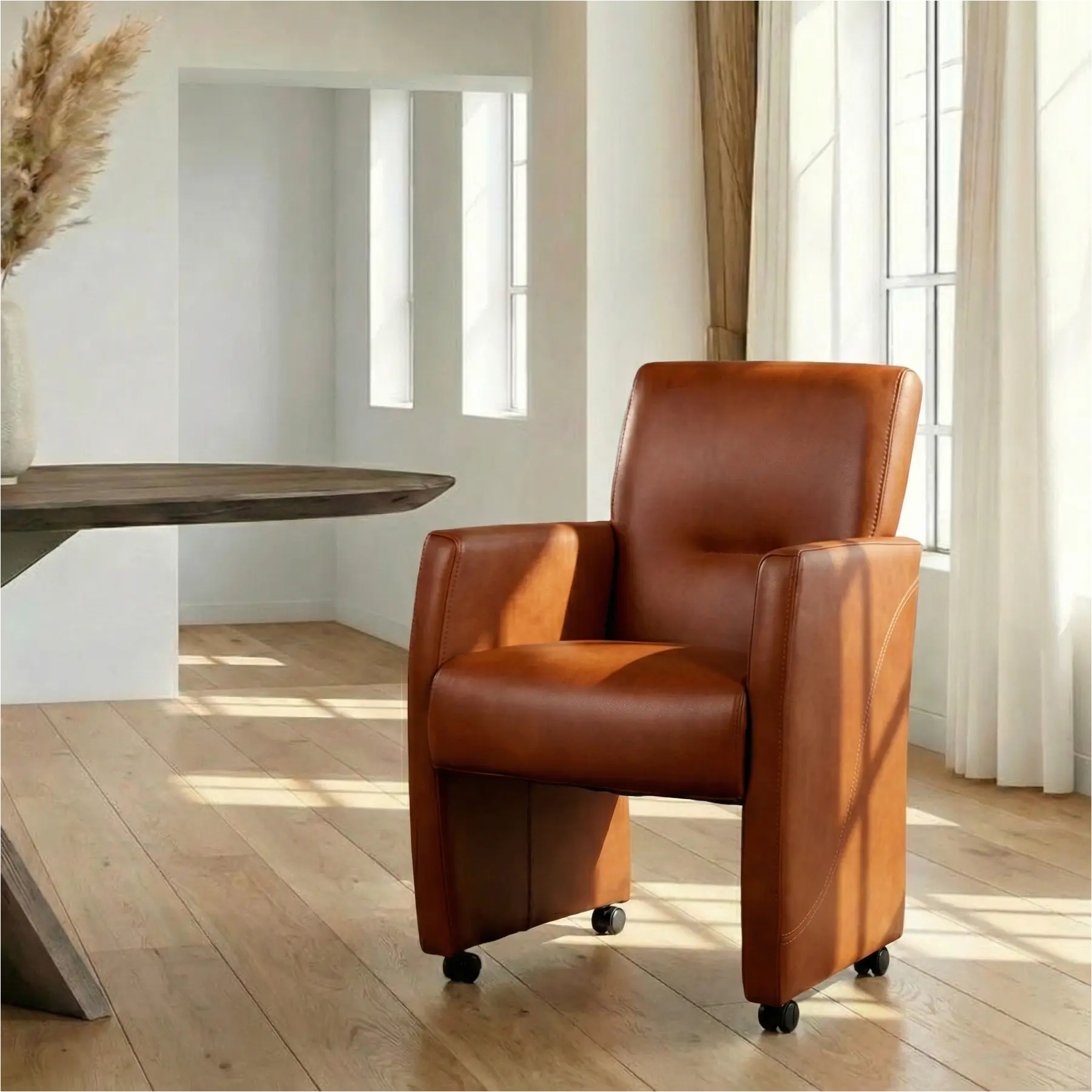 afbeelding van Leren eetkamerstoel Pleasure - Granada Savannah (cognac) - Met handgreep zwart