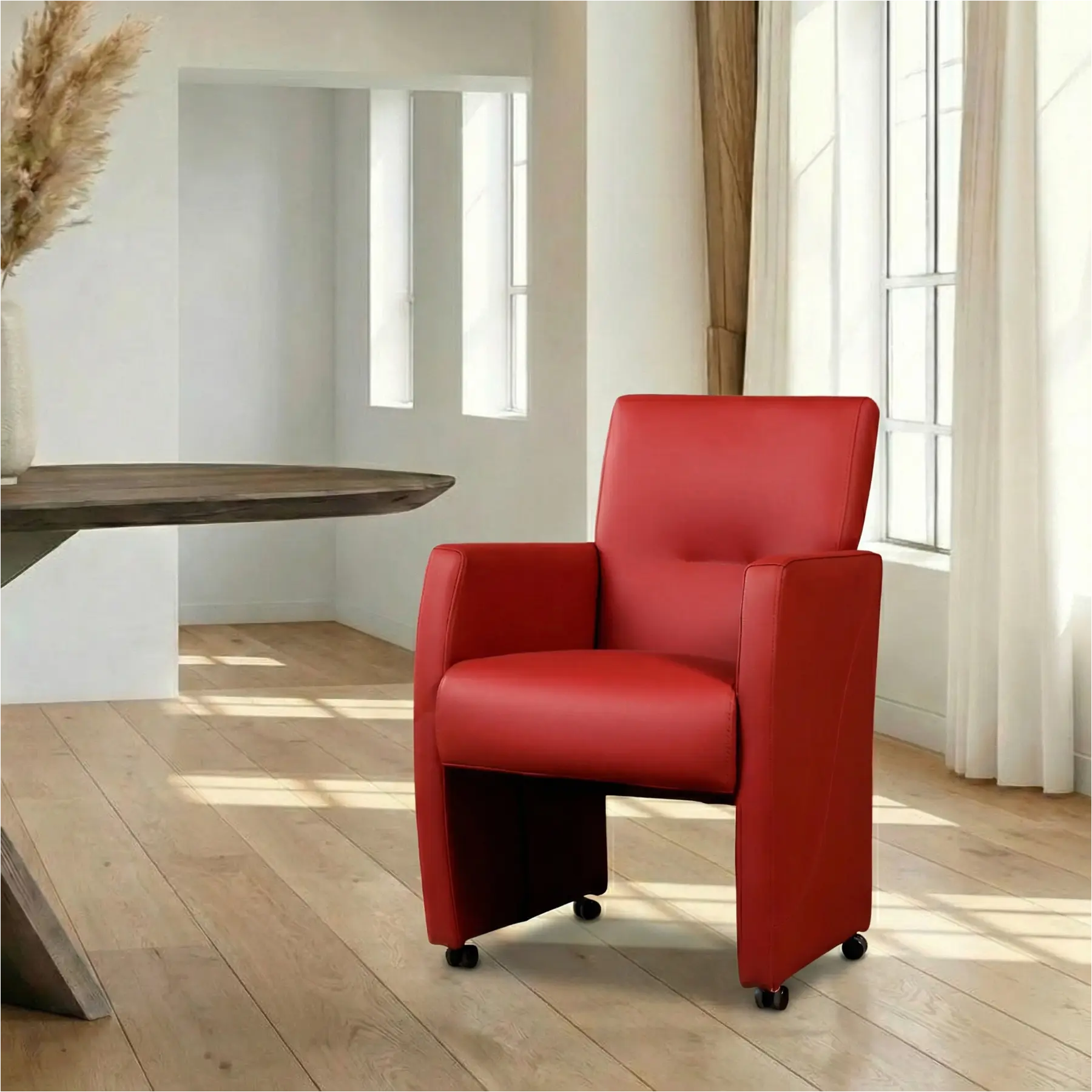 afbeelding van Leren eetkamerstoel Pleasure - Hermes Red (rood) - Met handgreep RVS