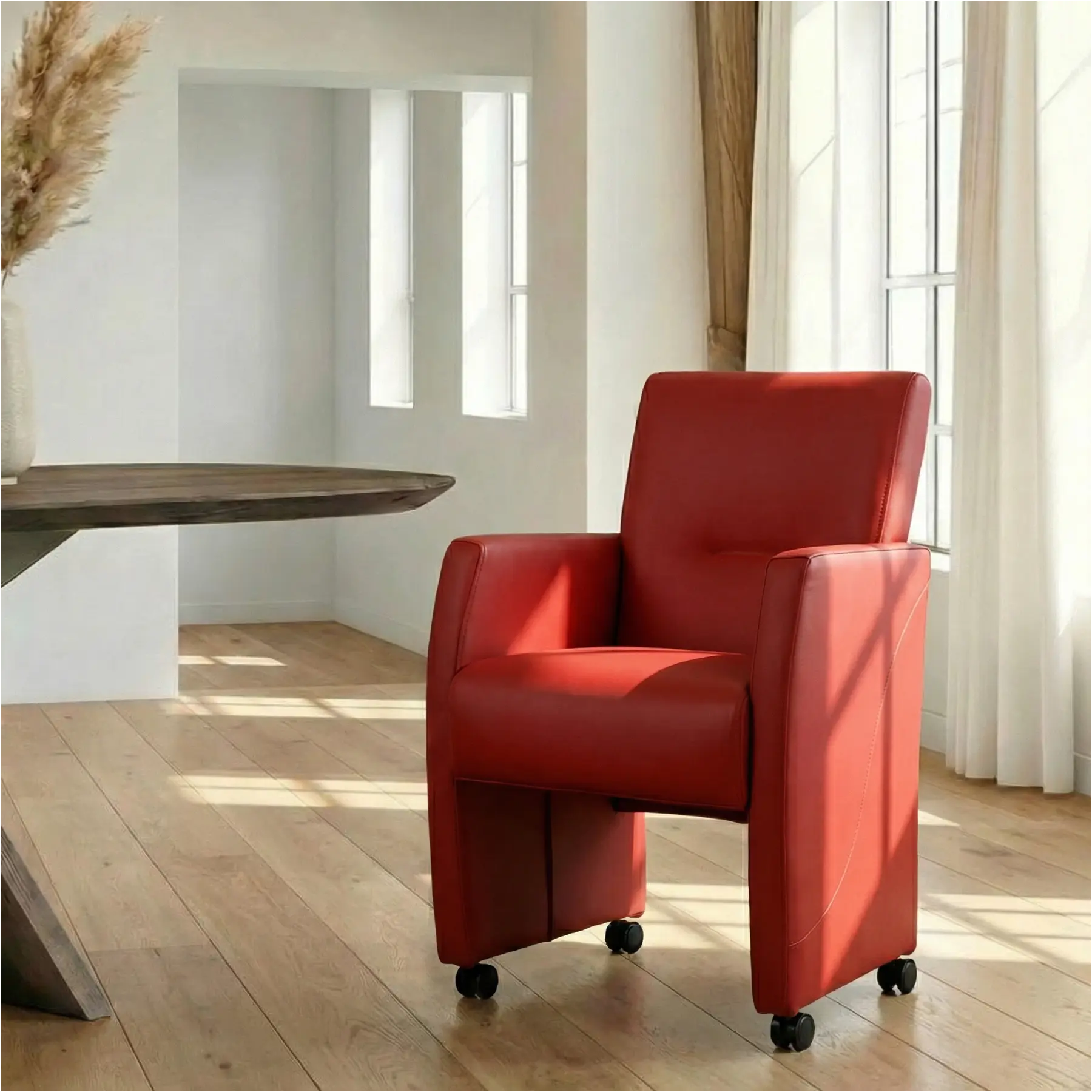 afbeelding van Leren eetkamerstoel Pleasure - Hermes Red (rood) - Met handgreep zwart