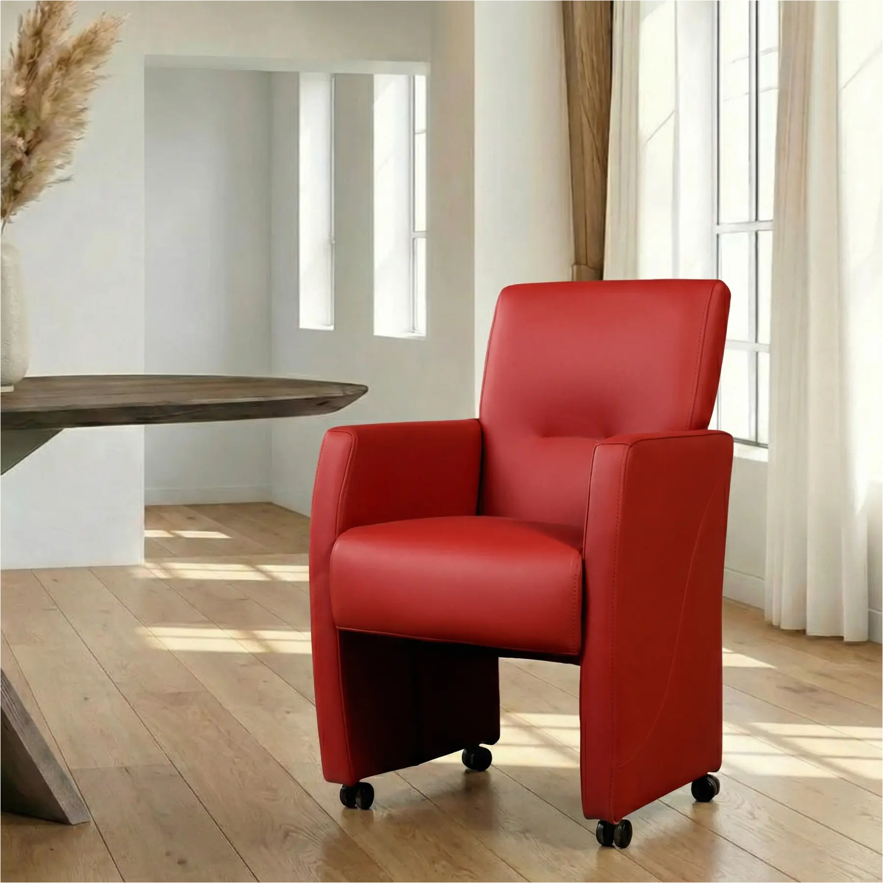 afbeelding van Leren eetkamerstoel Pleasure - Hermes Red (rood) - Zonder handgreep