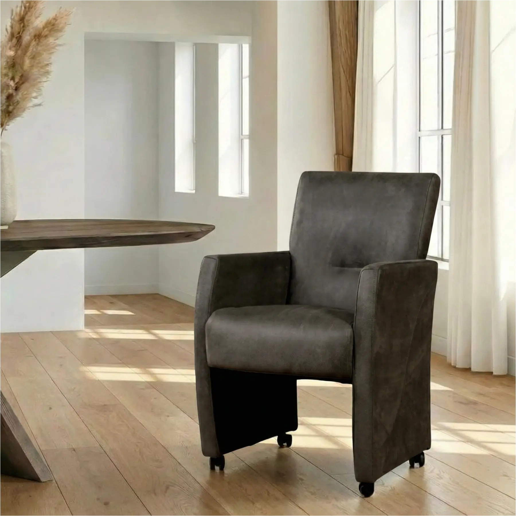 afbeelding van Leren eetkamerstoel Pleasure - Kenia Antracite (grijs) - Met handgreep zwart