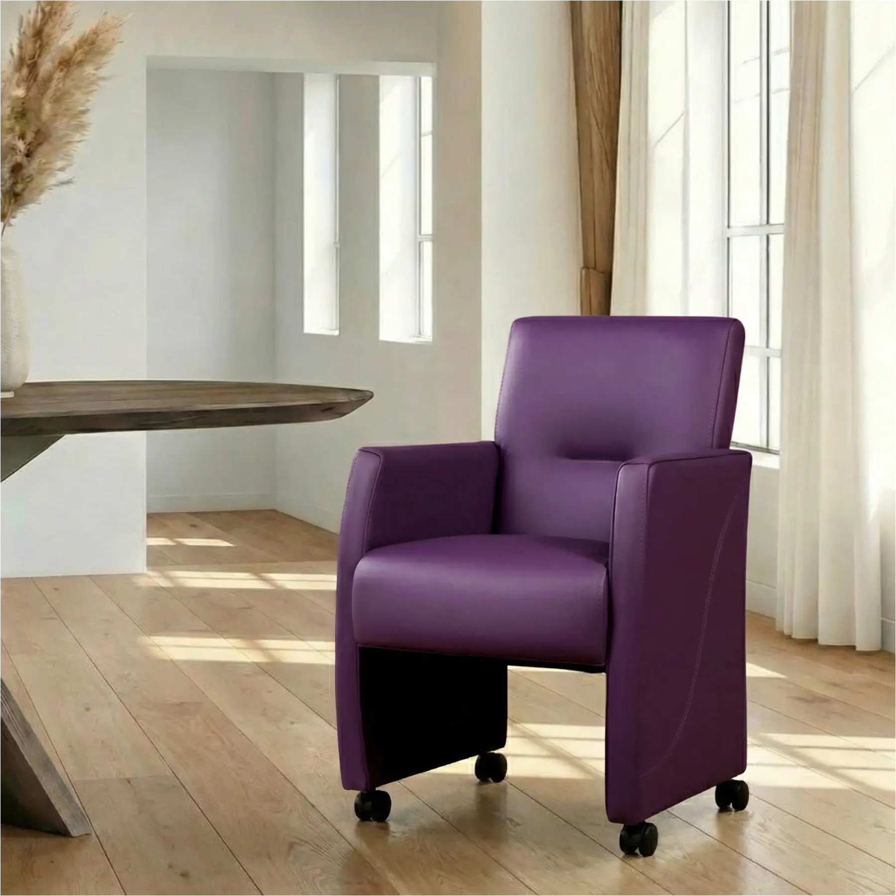 afbeelding van Leren eetkamerstoel Pleasure - Toledo Aubergine (paars) - Met handgreep RVS