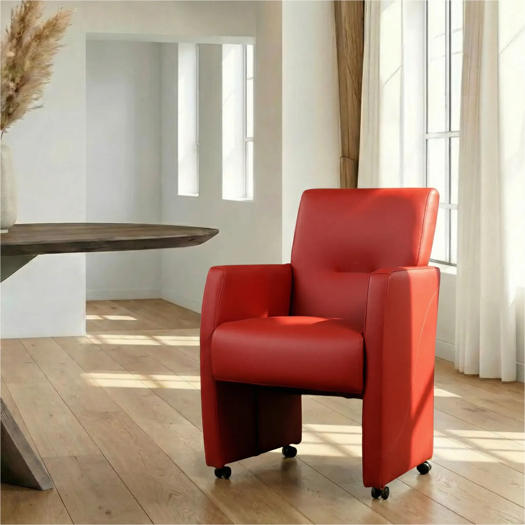 afbeelding van Leren eetkamerstoel Pleasure - Toledo Red (rood) - Met handgreep RVS