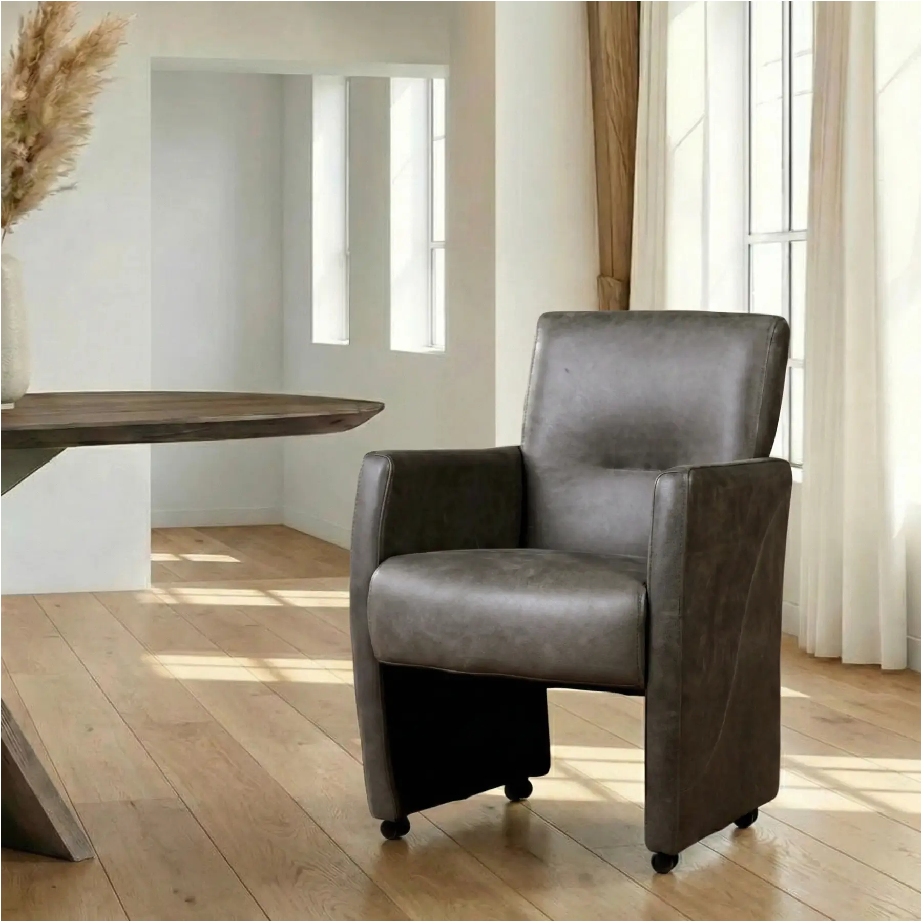 afbeelding van Leren eetkamerstoel Pleasure - Vintage Grey (grijs) - Met handgreep zwart