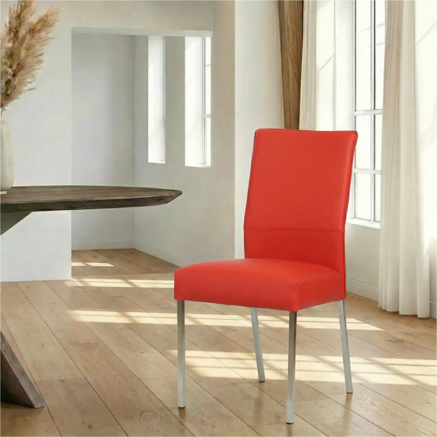 afbeelding van Leren eetkamerstoel Real - Toledo Ferrari (felrood) - Poten staal vierkant RVS