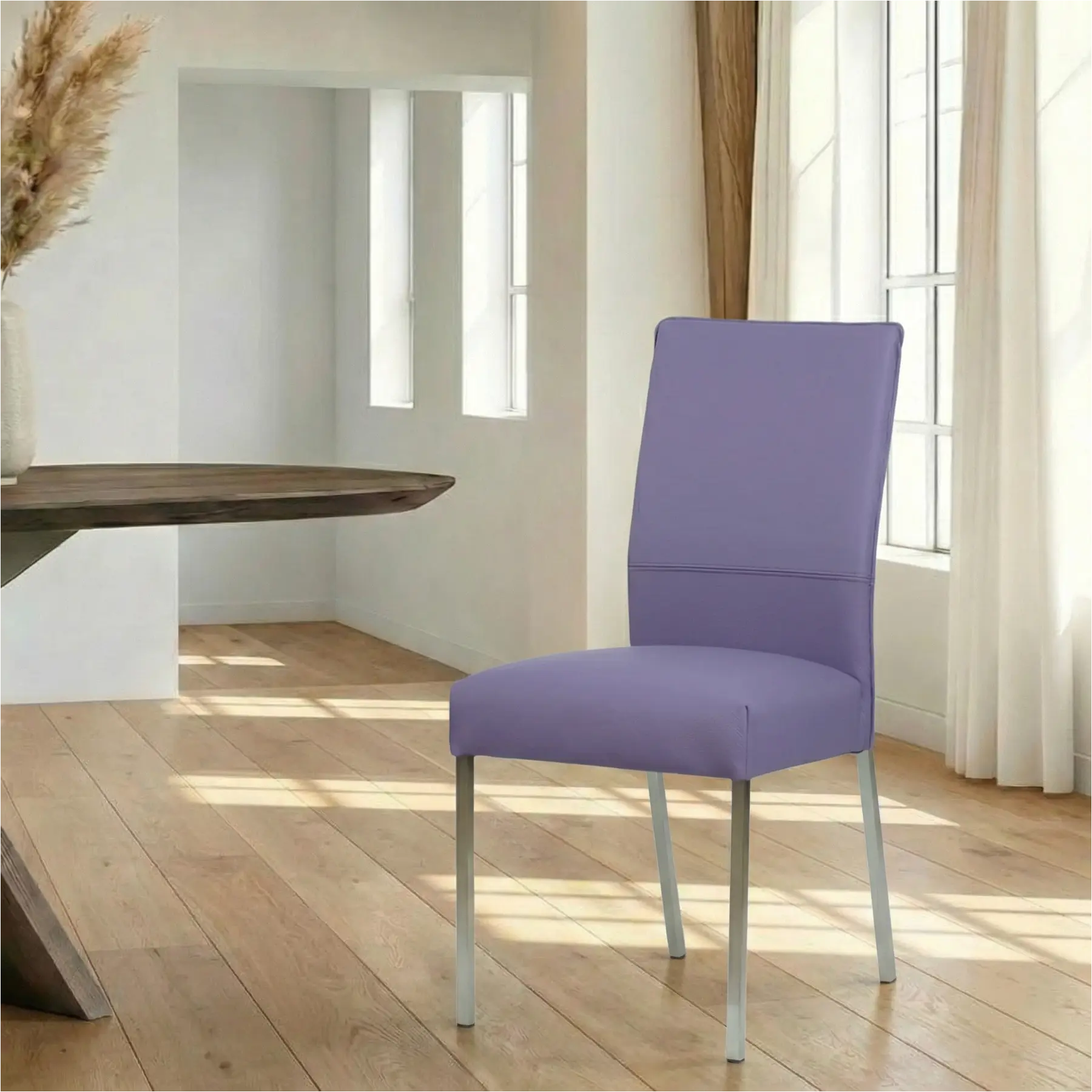 afbeelding van Leren eetkamerstoel Real - Toledo Lila (lichtpaars) - Poten staal vierkant RVS