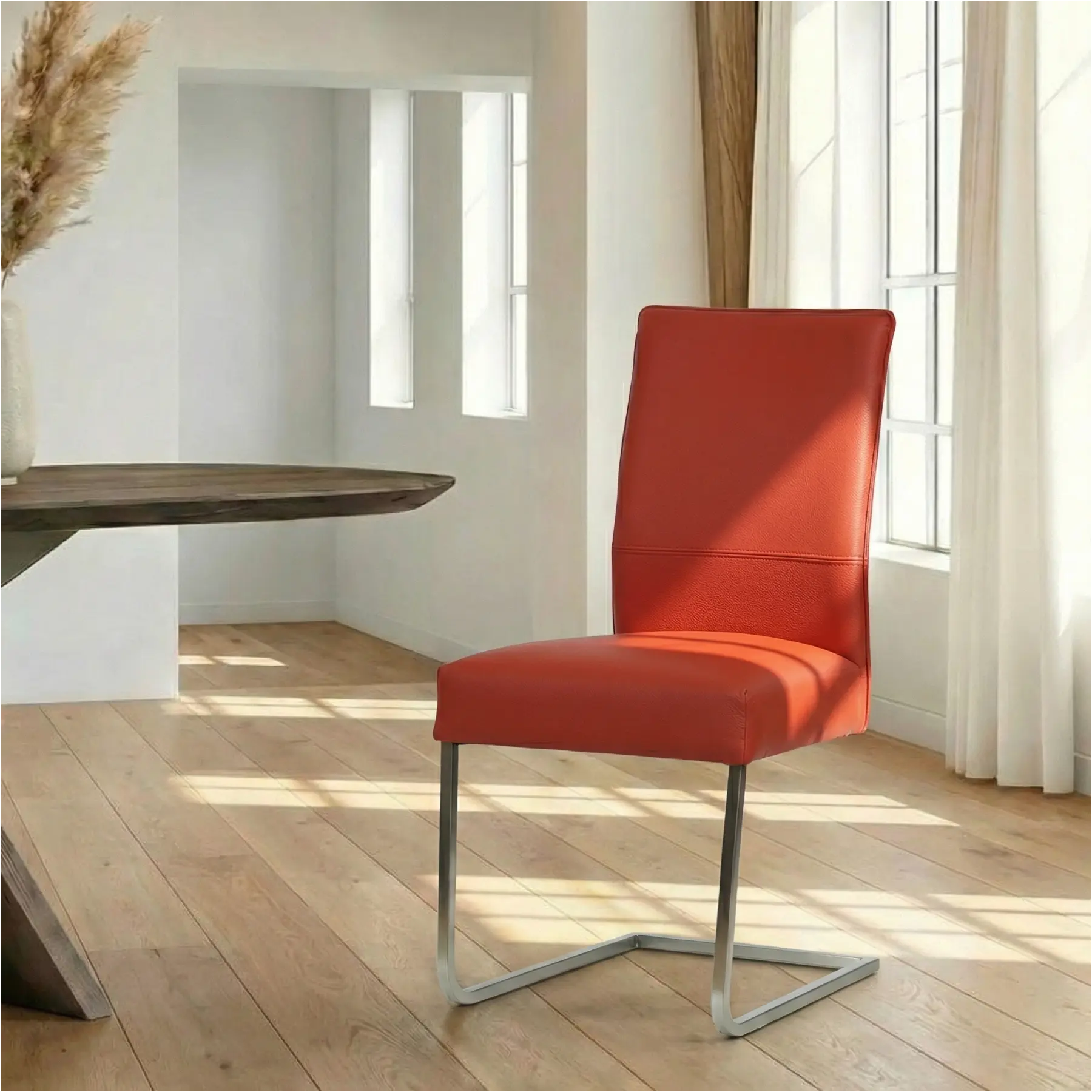 afbeelding van Leren eetkamerstoel Remix - Toledo Siegelstein (rood) - Sledepoot staal vierkant RVS