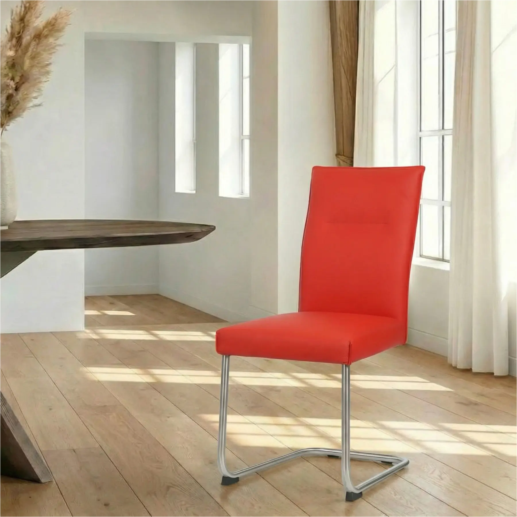 afbeelding van Leren eetkamerstoel Retro - Toledo Ferrari (felrood) - Sledepoot staal rond RVS