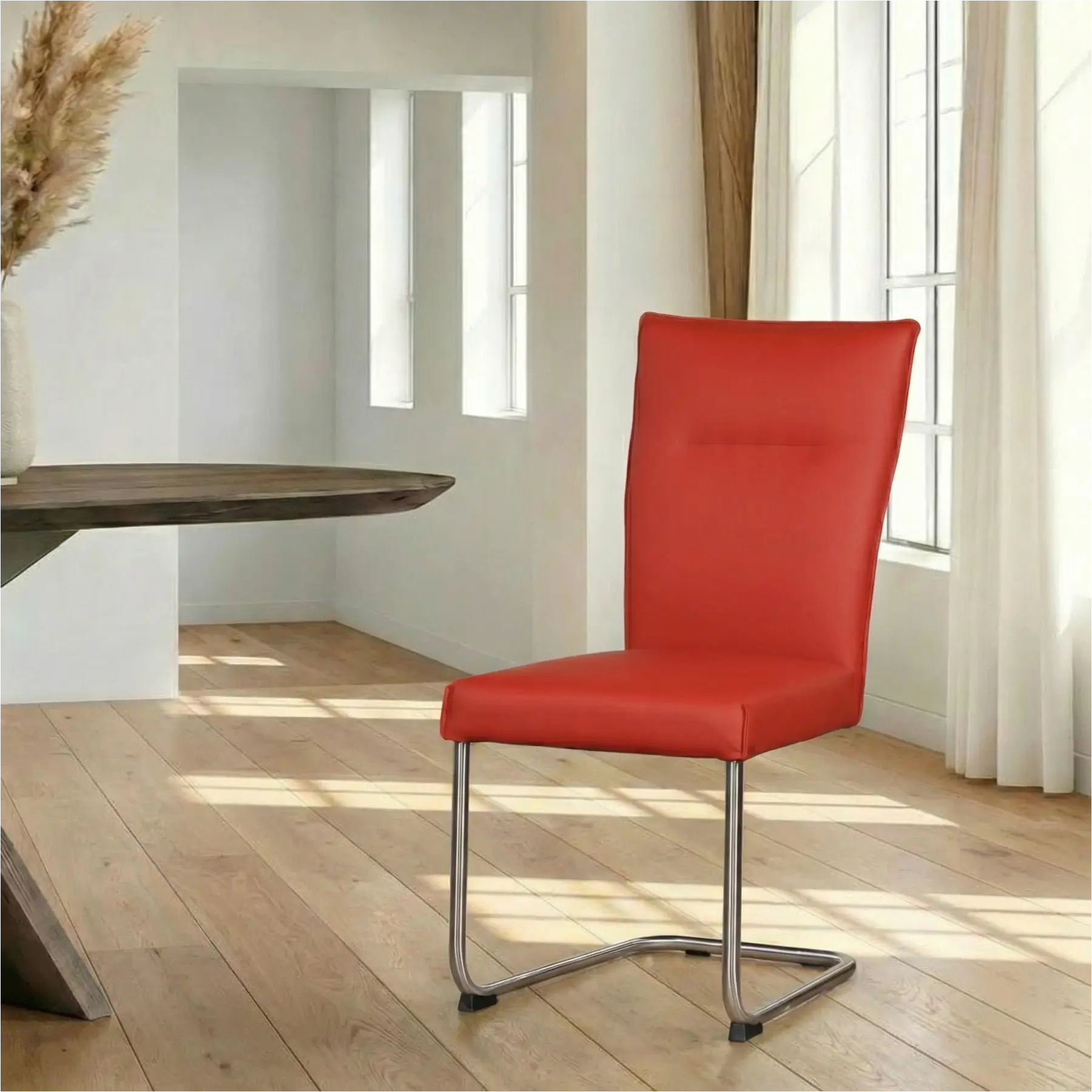 afbeelding van Leren eetkamerstoel Retro - Toledo Siegelstein (rood) - Sledepoot staal rond RVS