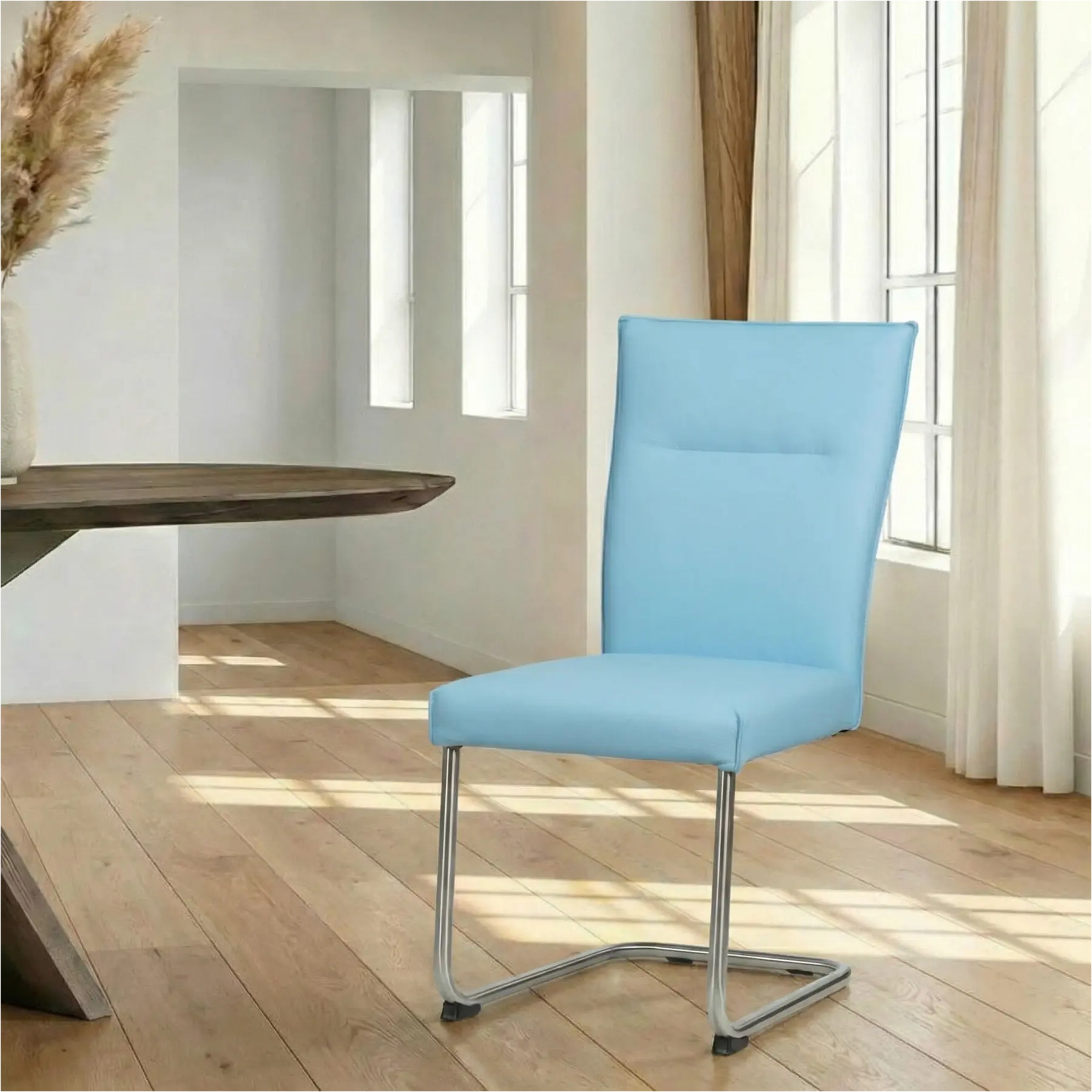 afbeelding van Leren eetkamerstoel Retro - Toledo Sky Blue (lichtblauw) - Sledepoot staal rond RVS