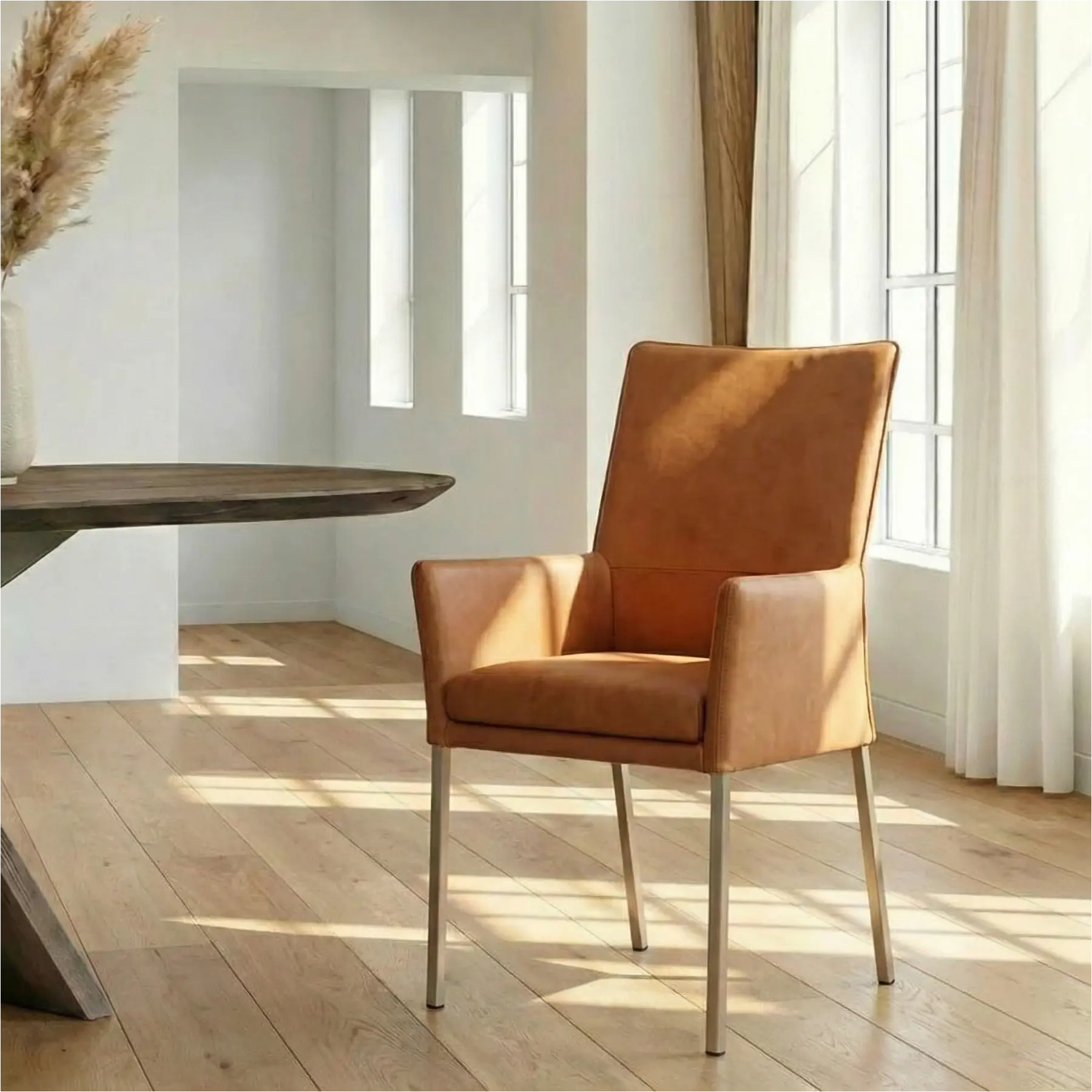 afbeelding van Leren eetkamerstoel Royal - Rancho Cognac (cognac) - Poten staal vierkant RVS