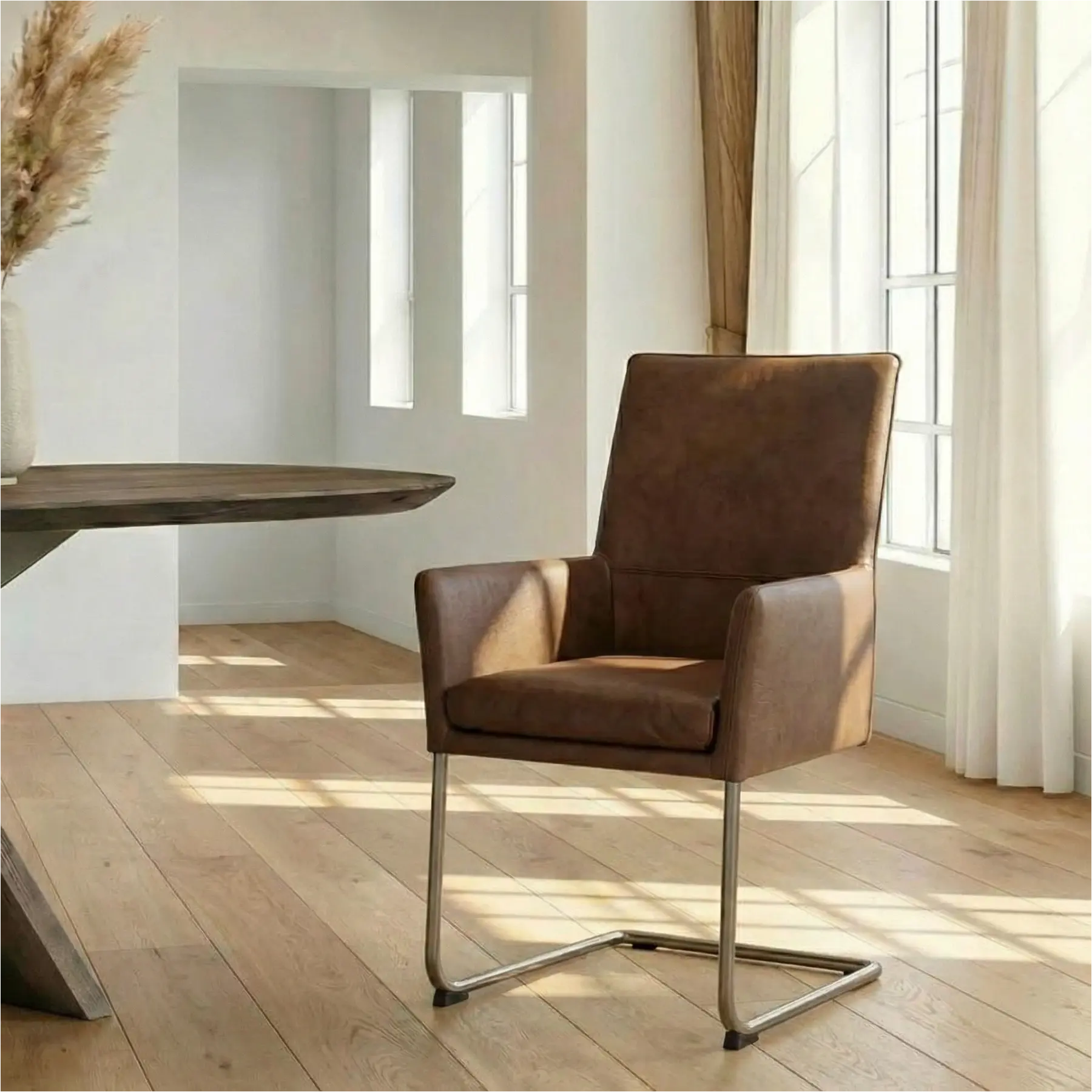 afbeelding van Leren eetkamerstoel Rumor - Rancho Steel (grijs) - Sledepoot staal rond RVS