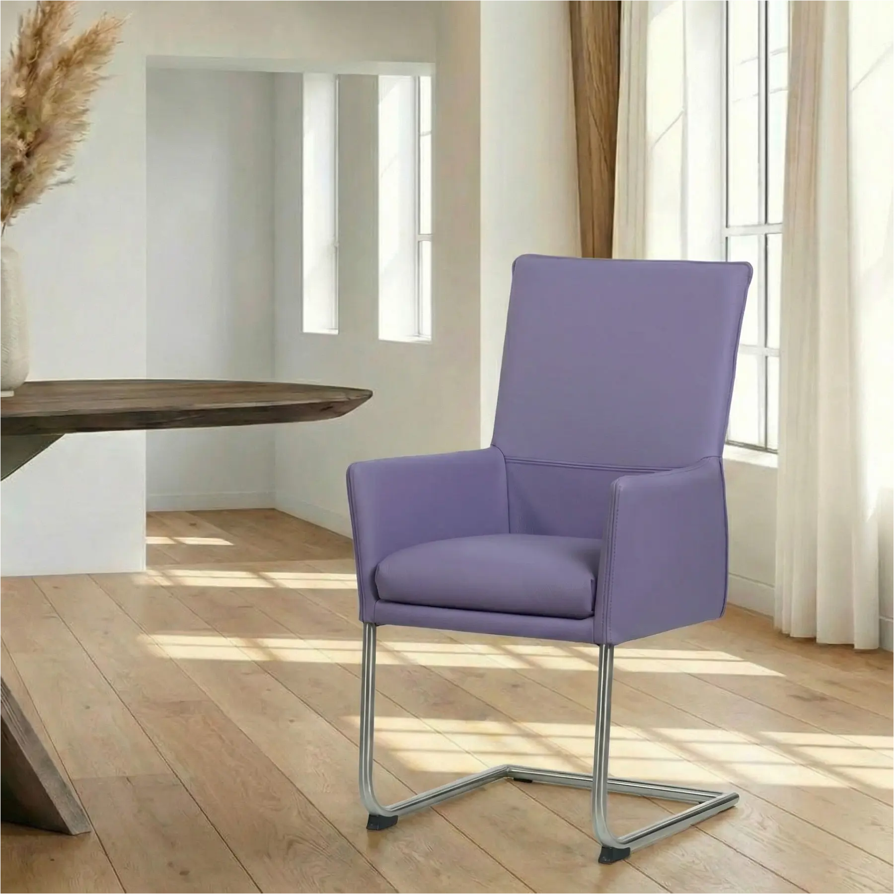afbeelding van Leren eetkamerstoel Rumor - Toledo Lila (lichtpaars) - Sledepoot staal rond RVS
