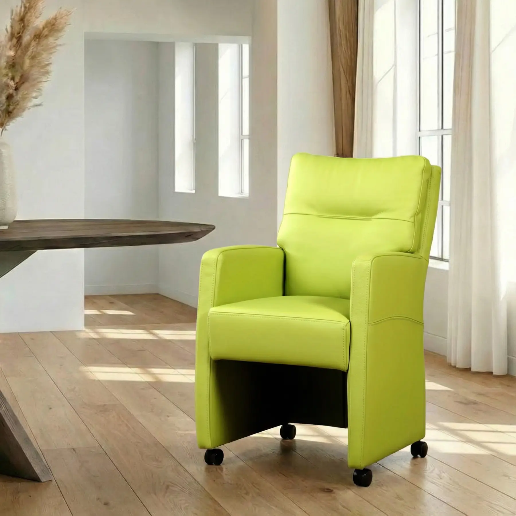 afbeelding van Leren eetkamerstoel Sharp - Hermes Lime (felgroen) - Met handgreep zwart