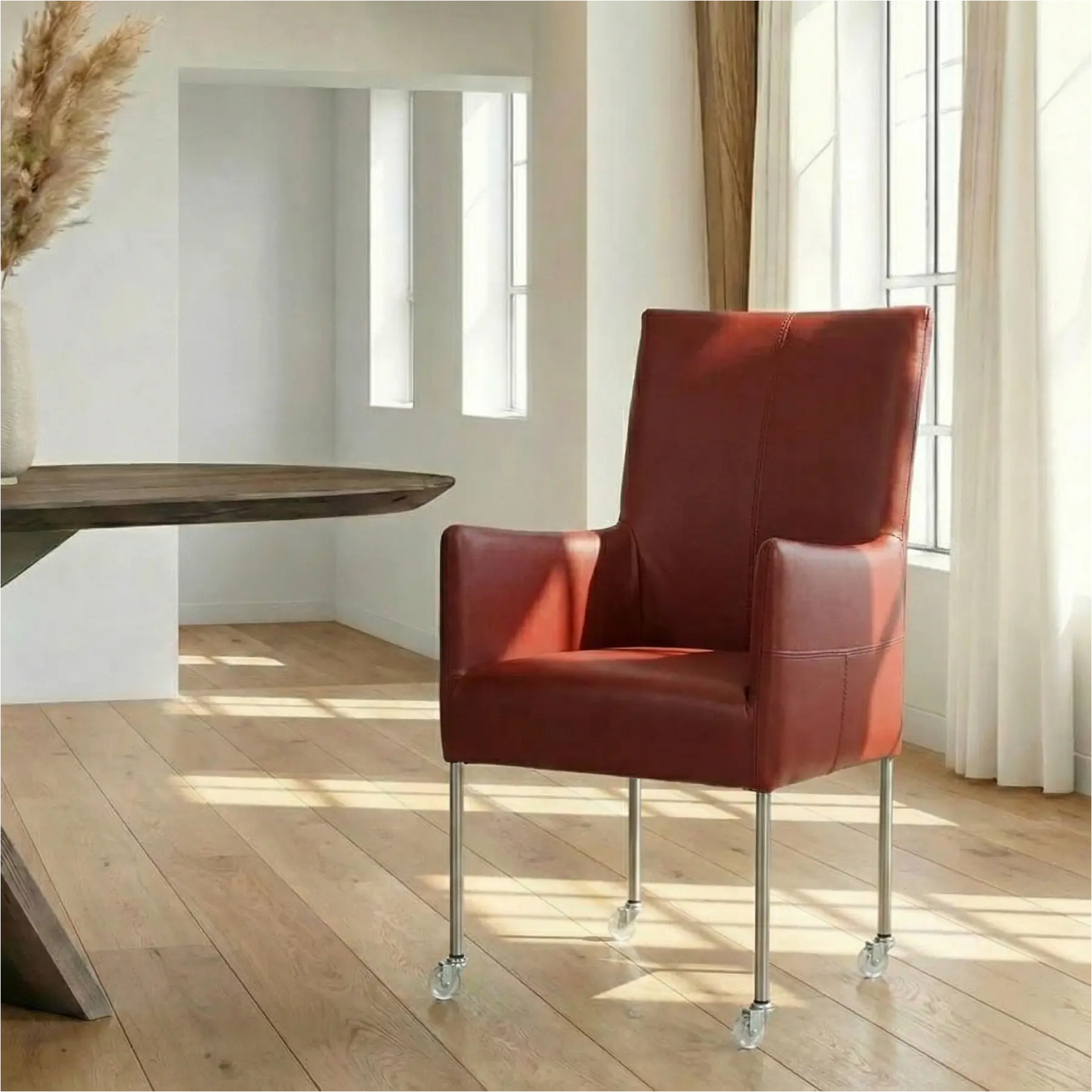 afbeelding van Leren eetkamerstoel Spark - Granada Rouge (rood) - Poten staal rond RVS