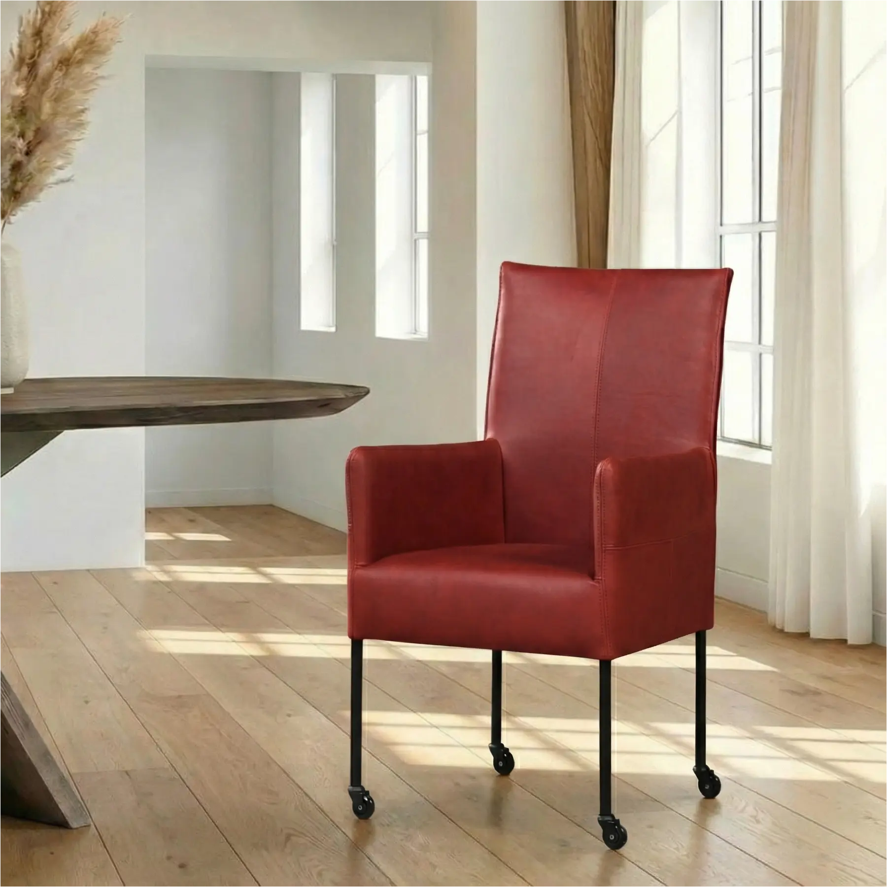 afbeelding van Leren eetkamerstoel Spark - Granada Rouge (rood) - Poten staal rond zwart