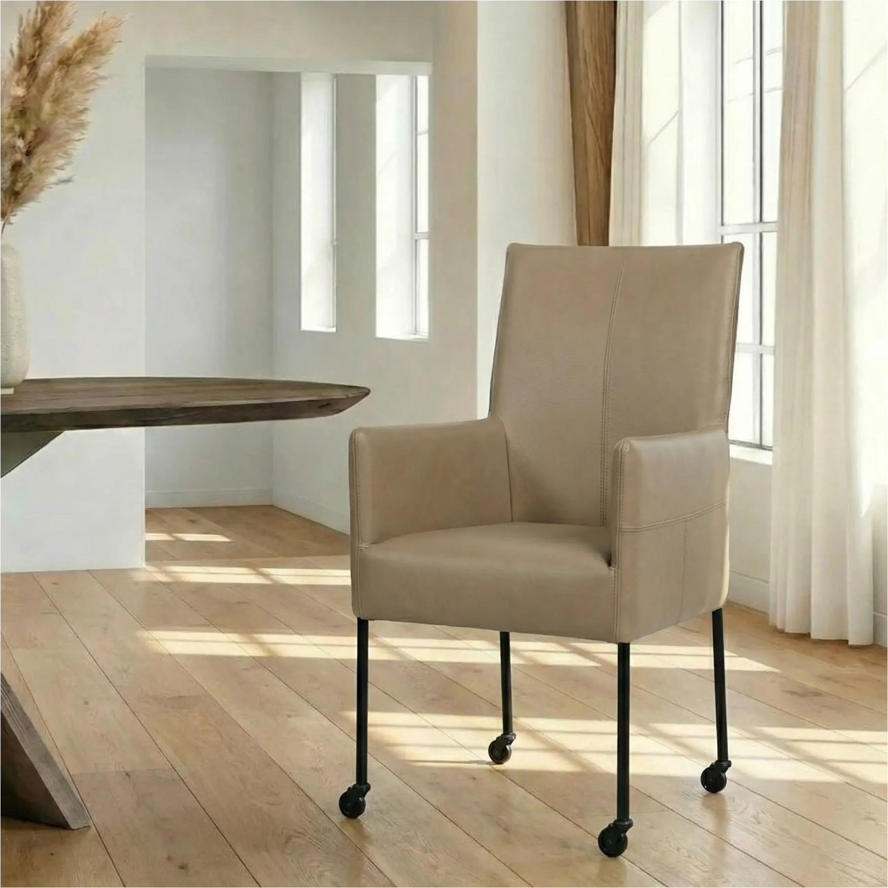 afbeelding van Leren eetkamerstoel Spark - Granada Taupe (taupe/bruin) - Poten staal rond zwart