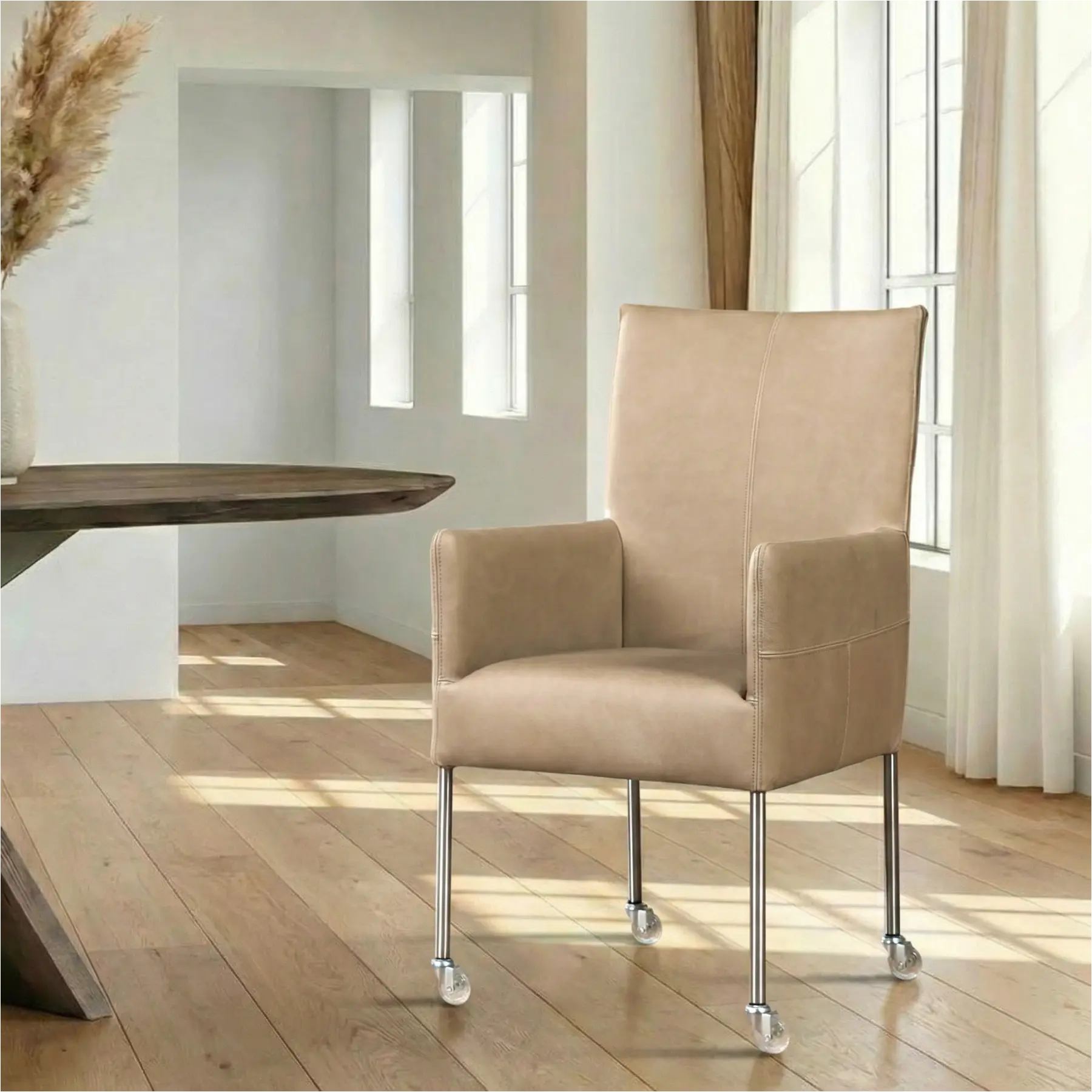 afbeelding van Leren eetkamerstoel Spark - Rancho Stone (grijs/bruin) - Poten staal rond RVS