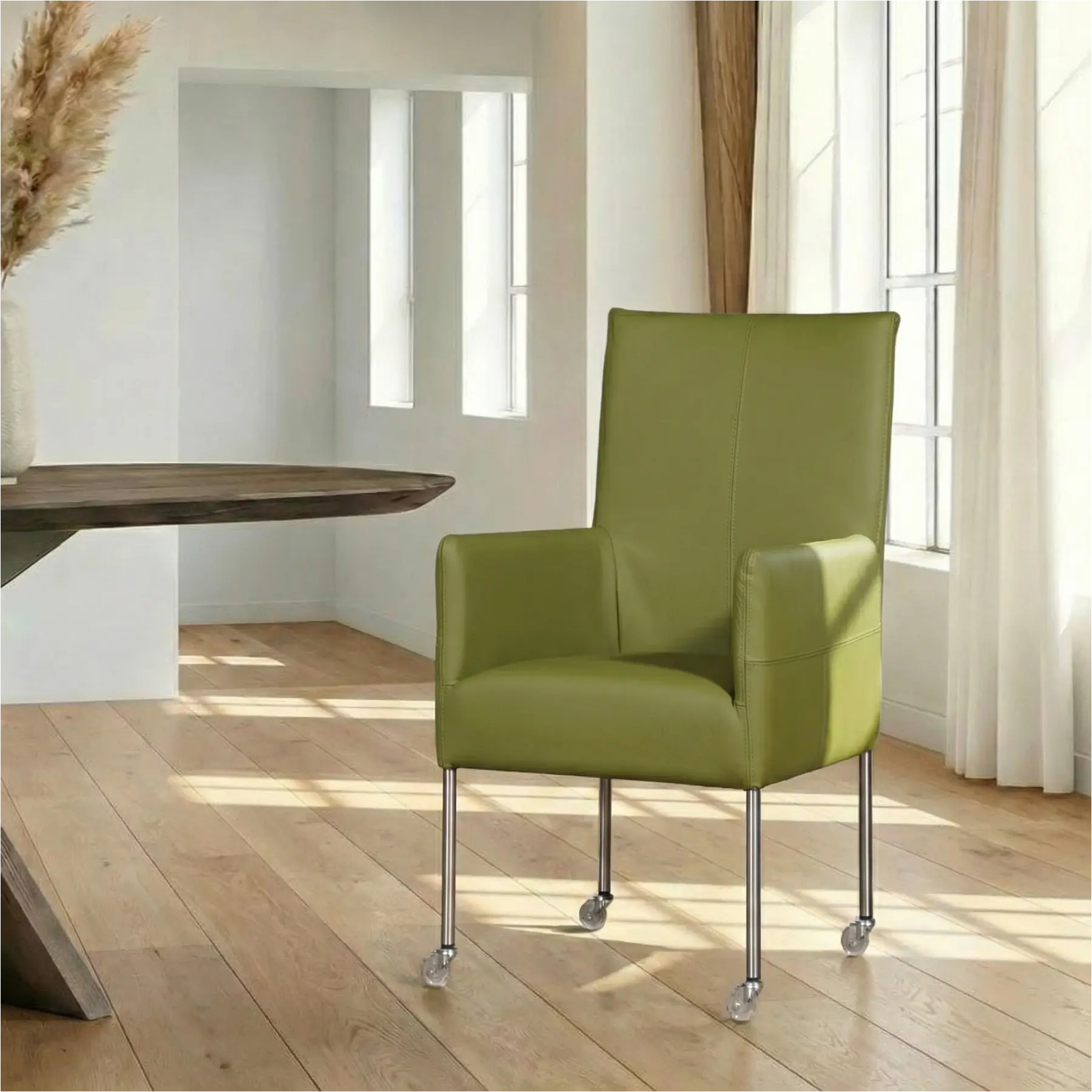 afbeelding van Leren eetkamerstoel Spark - Toledo Apple Green (groen) - Poten staal rond RVS