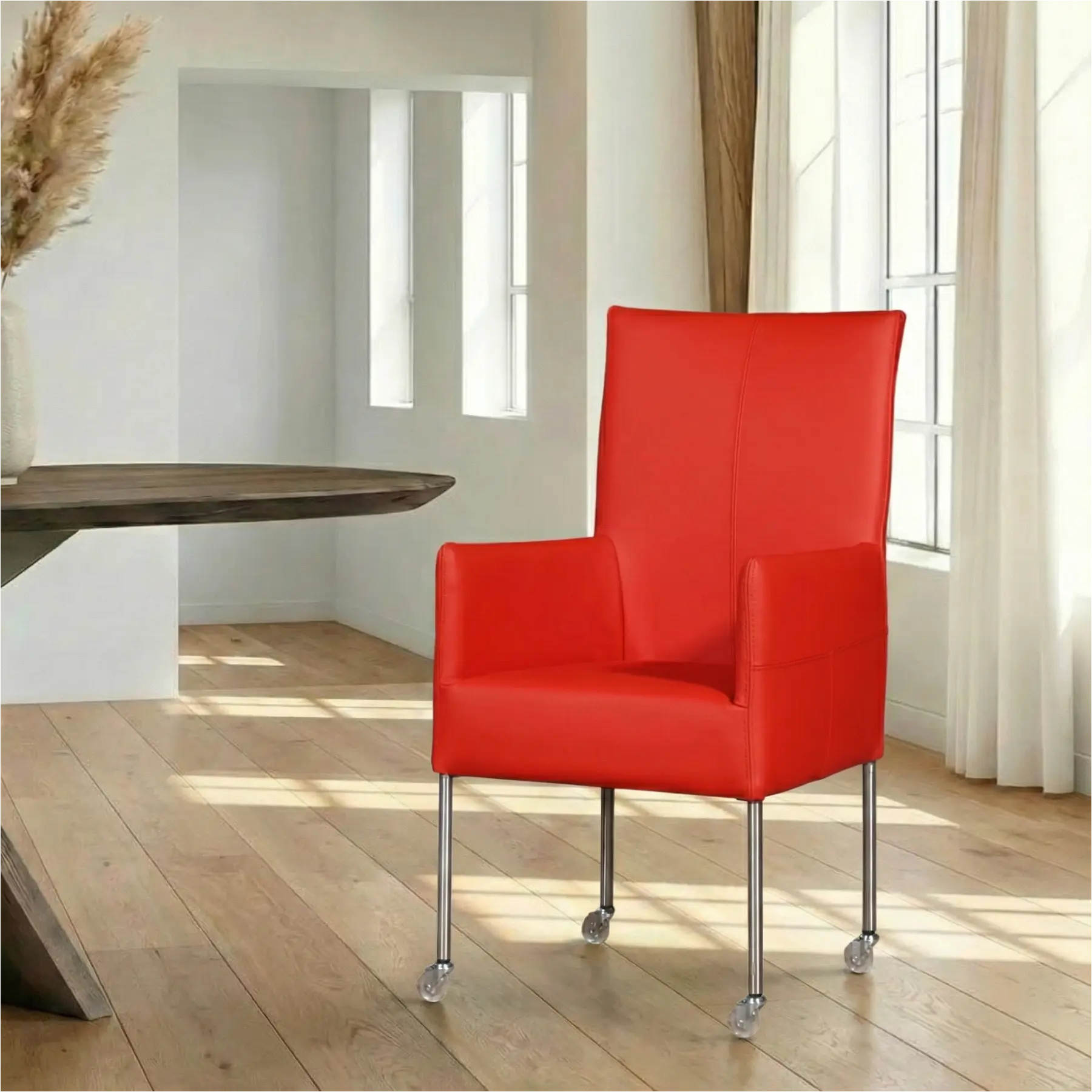 afbeelding van Leren eetkamerstoel Spark - Toledo Ferrari (felrood) - Poten staal rond RVS