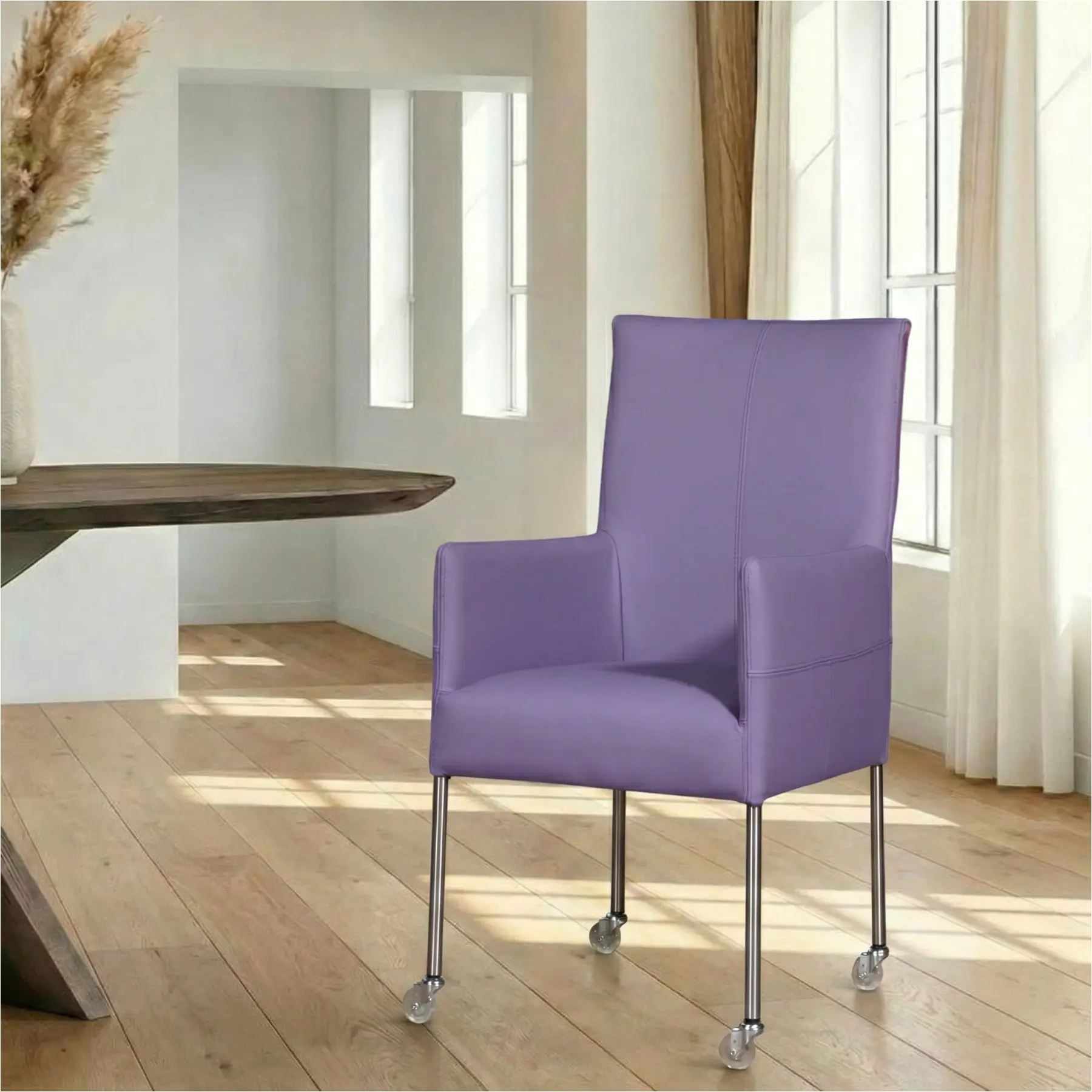 afbeelding van Leren eetkamerstoel Spark - Toledo Lila (lichtpaars) - Poten staal rond RVS