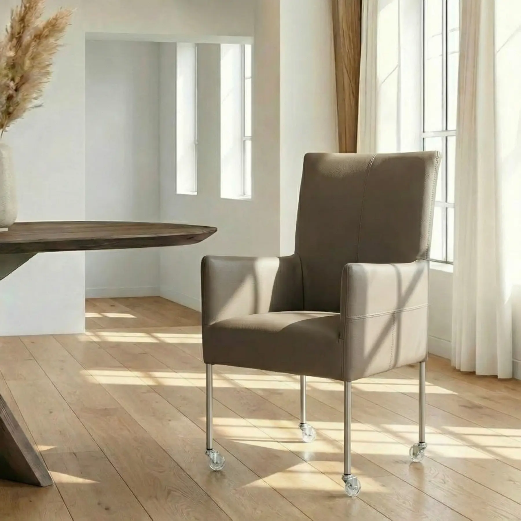 afbeelding van Leren eetkamerstoel Spark - Toledo Smog (grijs) - Poten staal rond RVS