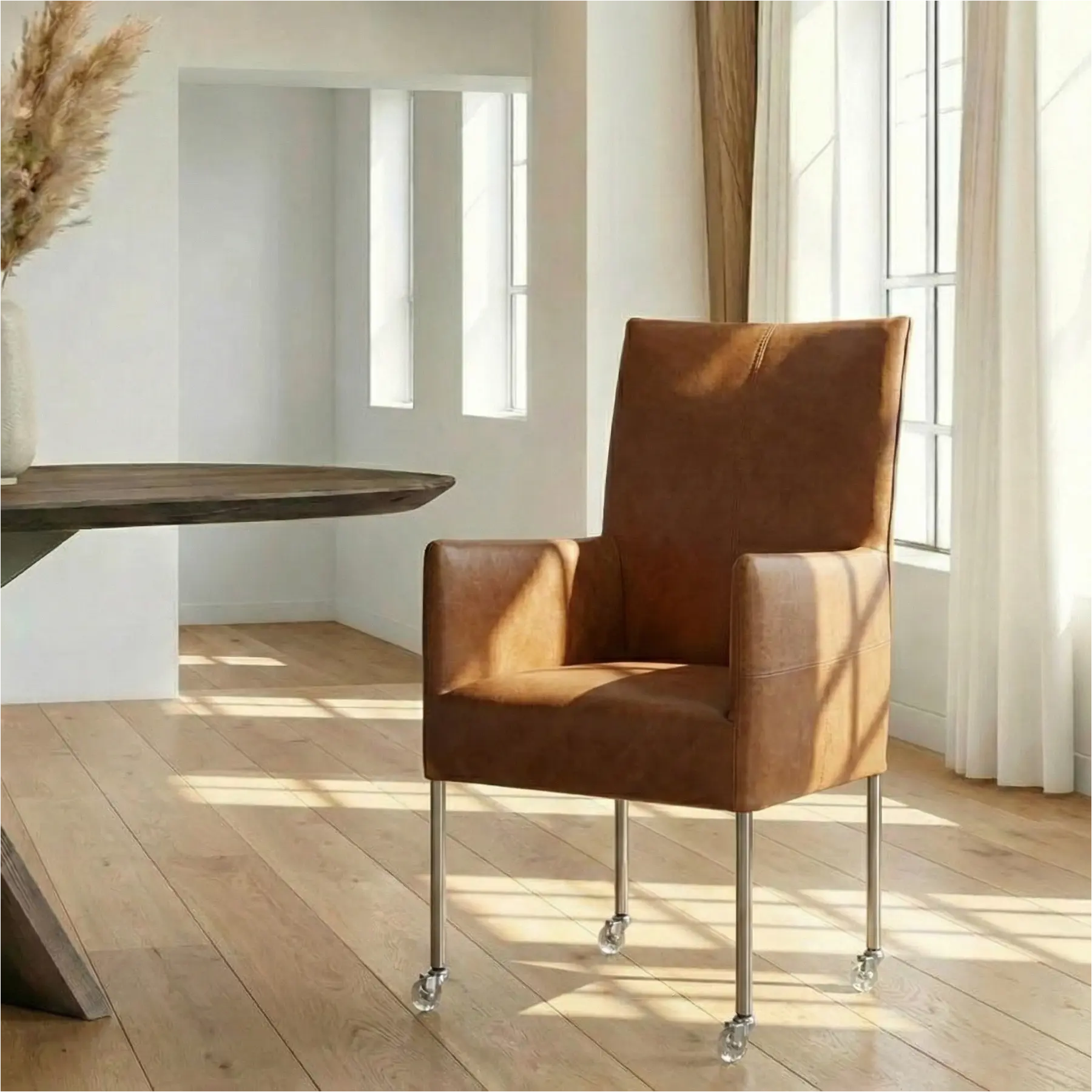 afbeelding van Leren eetkamerstoel Spark - Vintage Cognac (cognac) - Poten staal rond RVS