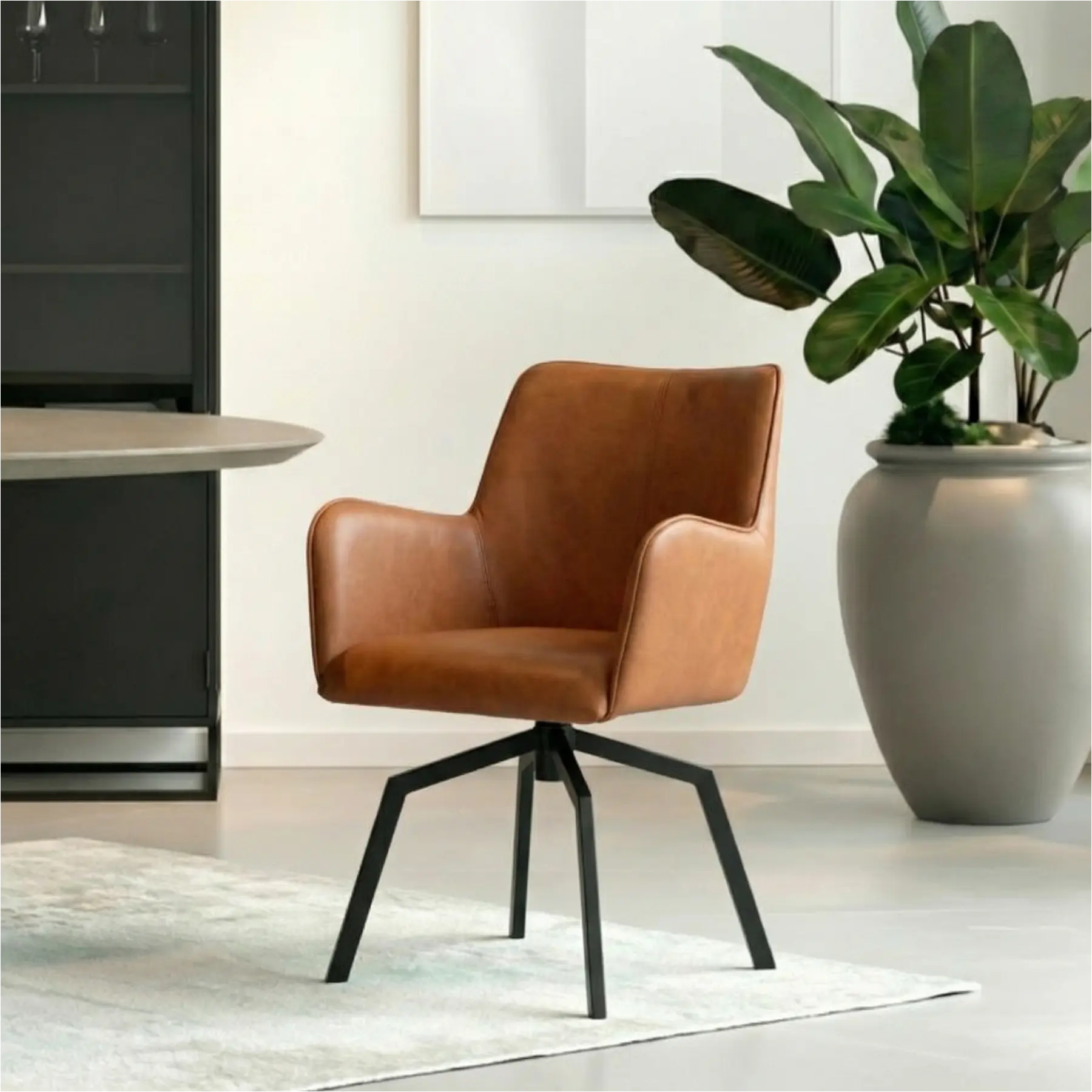 afbeelding van Set van 10 Leren draaibare eetkamerstoelen Jazz - Toledo Natur (cognac) - Spinpoot staal vierkant zwart