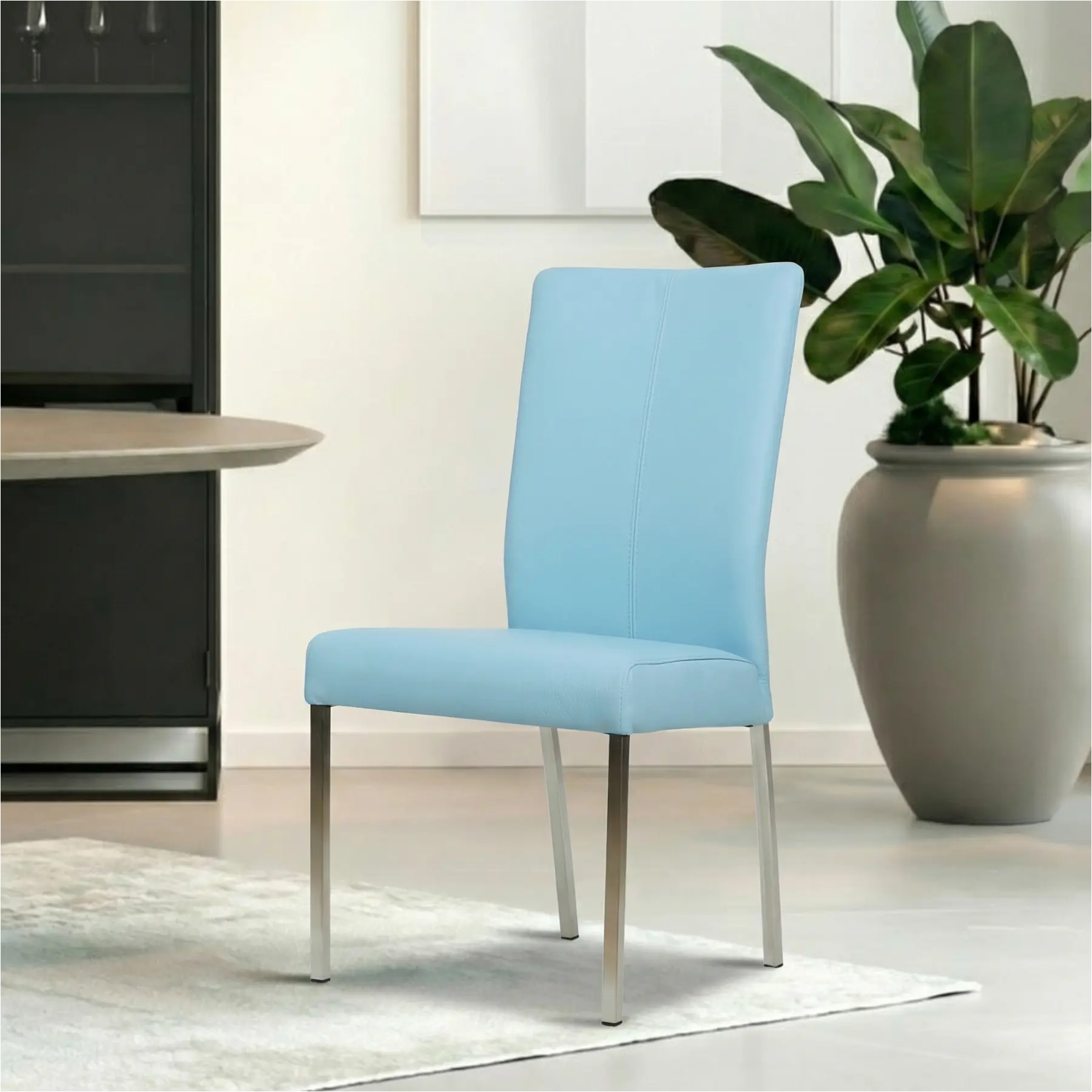 afbeelding van Set van 10 Leren eetkamerstoelen Comfort - Toledo Sky Blue (lichtblauw) - Poten staal vierkant RVS