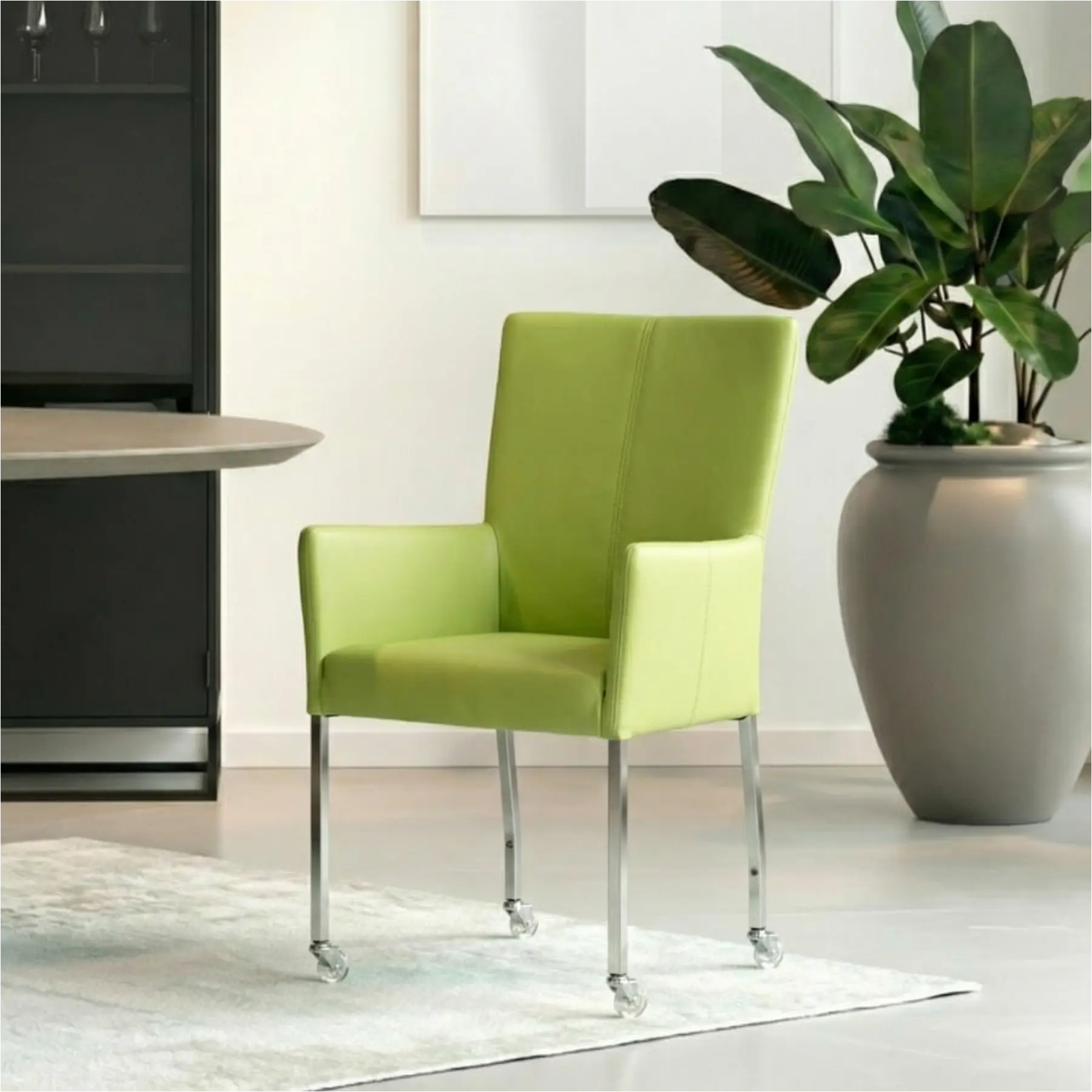 afbeelding van Set van 10 Leren eetkamerstoelen Deal met armleuning - Toledo Lime (felgroen) - Poten staal vierkant RVS