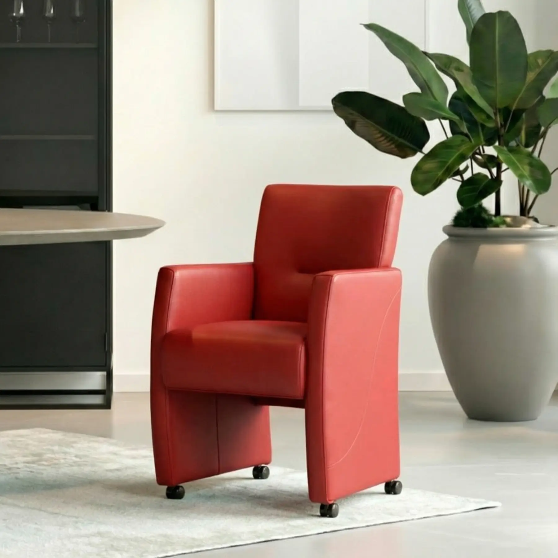 afbeelding van Set van 10 Leren eetkamerstoelen Pleasure - Toledo Red (rood) - Met handgreep RVS