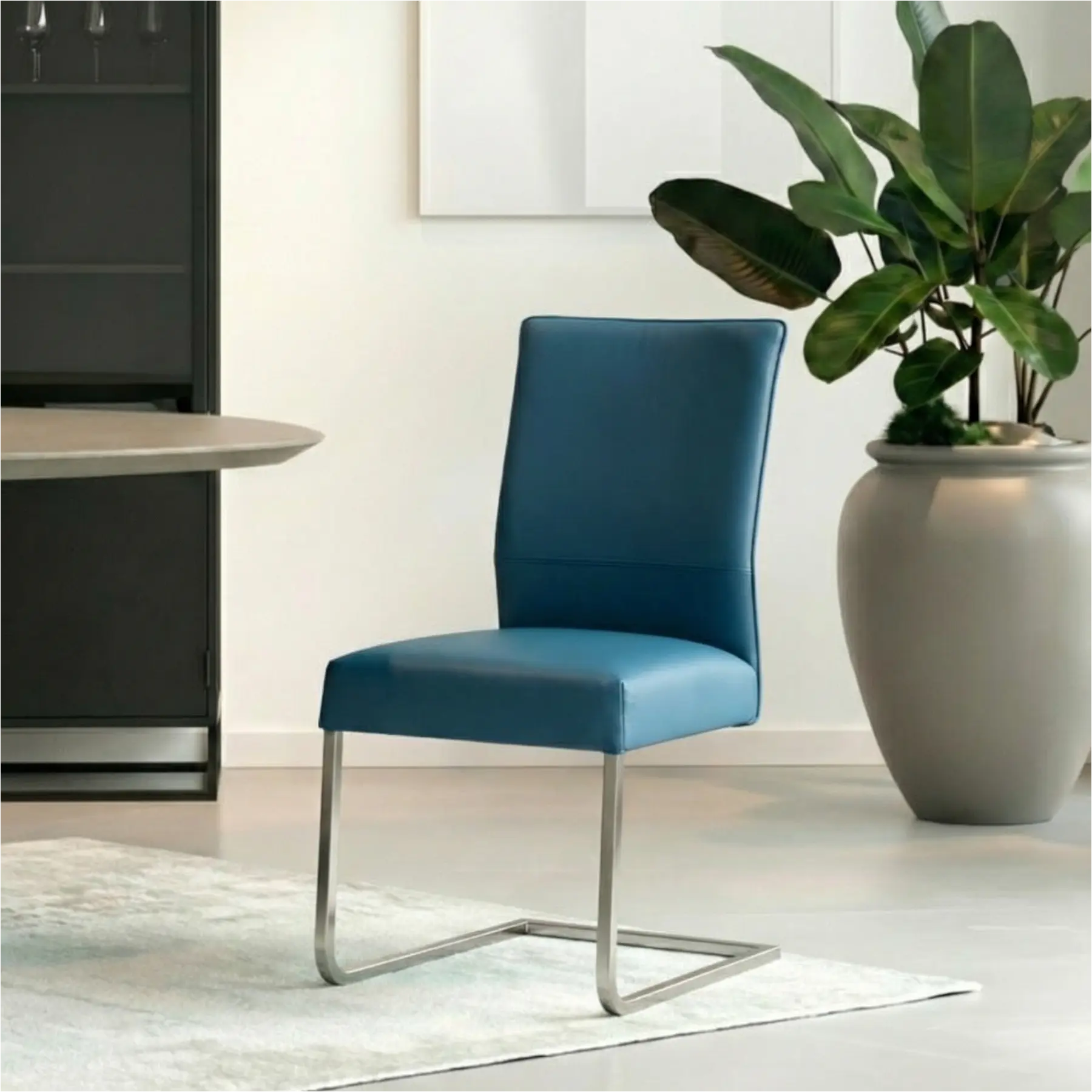 afbeelding van Set van 10 Leren eetkamerstoelen Remix - Hermes Turquoise (blauw) - Sledepoot staal vierkant RVS