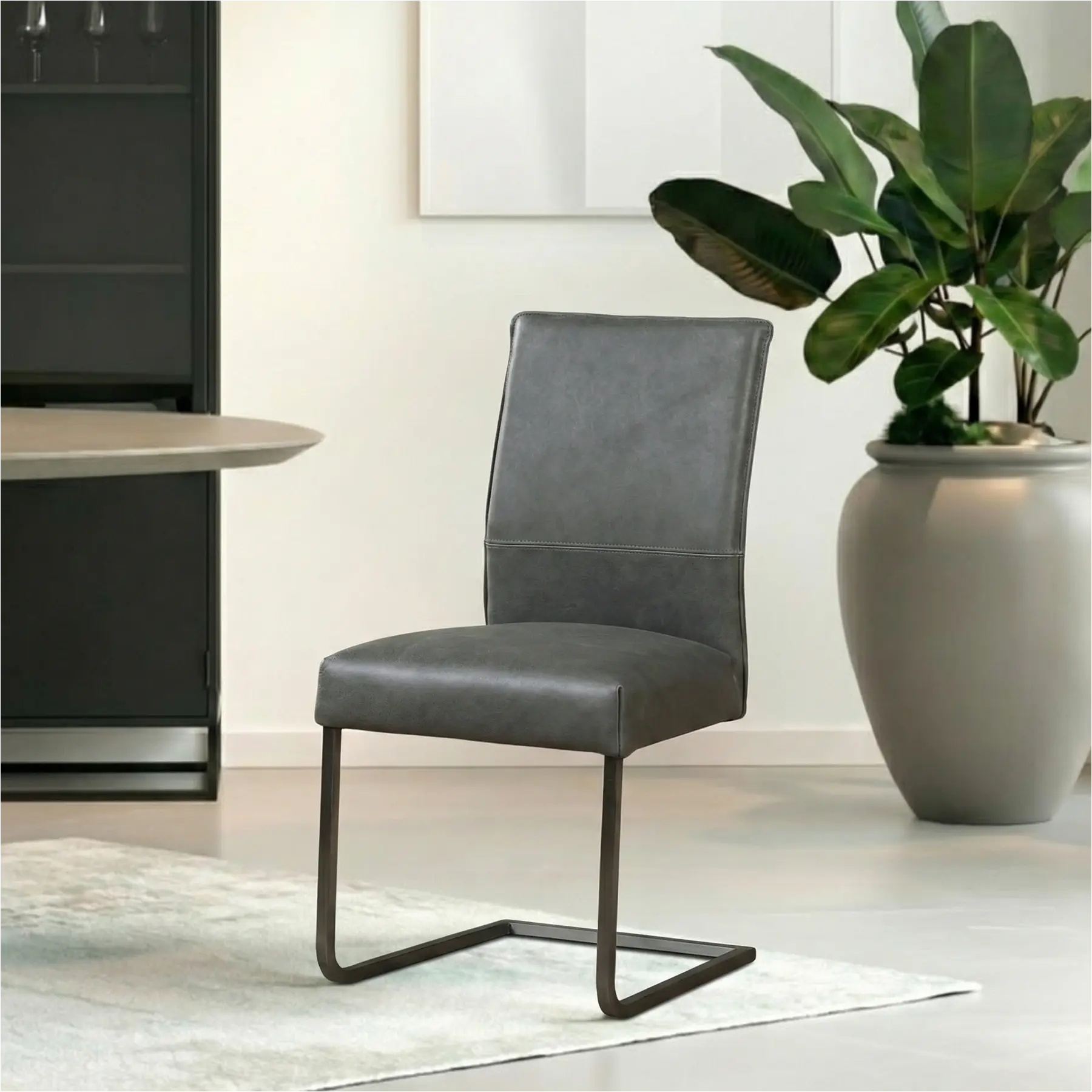 afbeelding van Set van 10 Leren eetkamerstoelen Remix - Vintage Grey (grijs) - Sledepoot staal vierkant RVS
