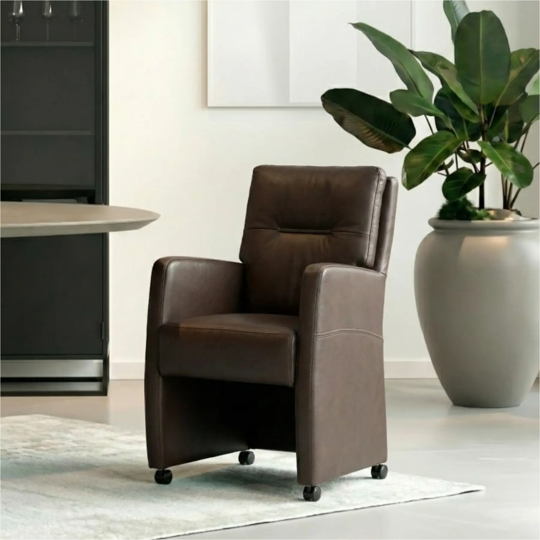 afbeelding van Set van 10 Leren eetkamerstoelen Sharp - Toledo Moss (bruin/groen) - Met handgreep zwart