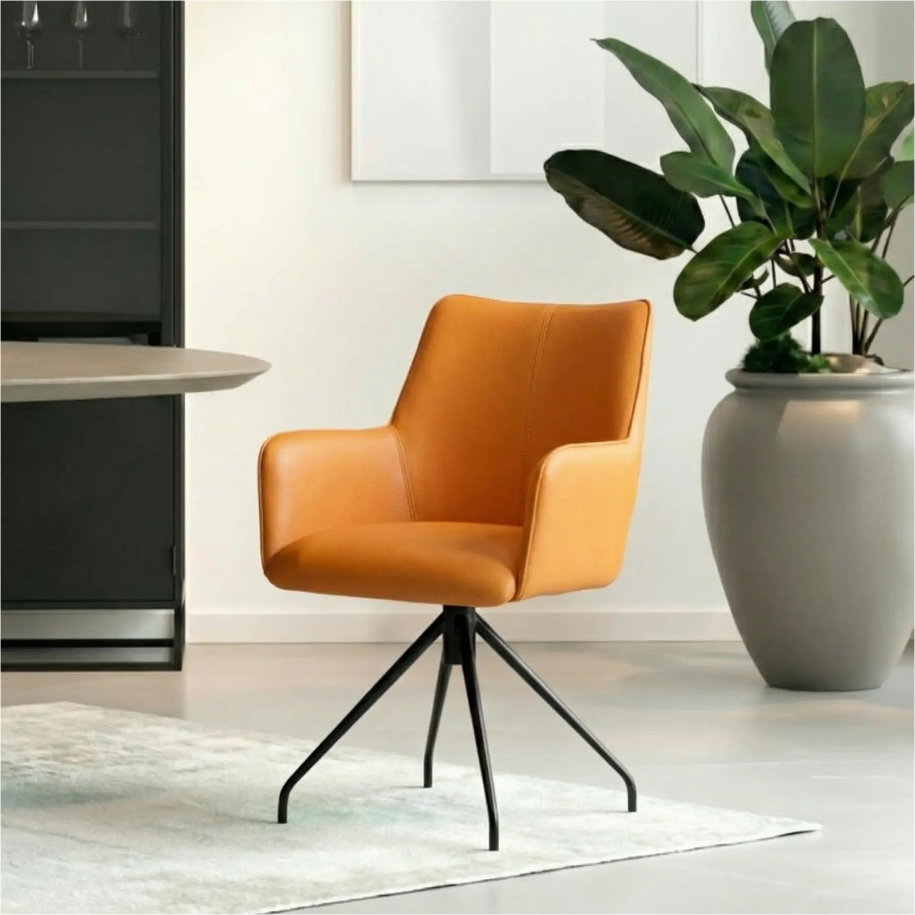 afbeelding van Set van 10 Leren eetkamerstoelen Wave - Toledo Mandarin (oranje) - Spinpoot staal rond zwart