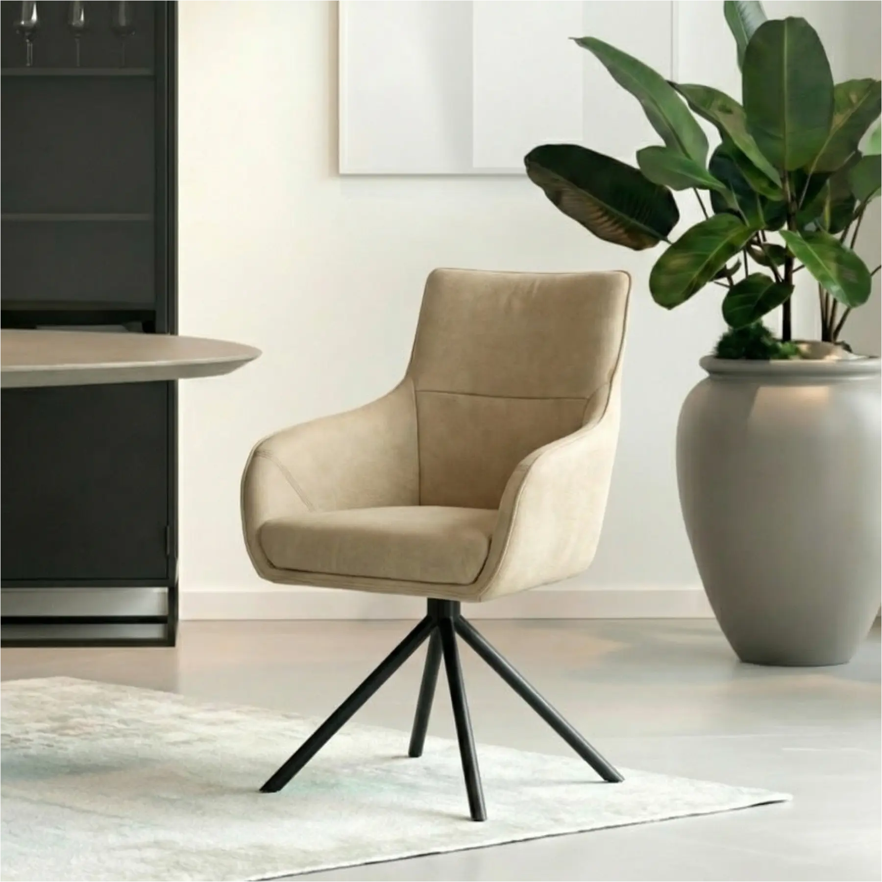 afbeelding van Set van 4 Leren draaibare eetkamerstoelen Fancy - Kenia Taupe (taupe/bruin) - Spinpoot staal rond zwart