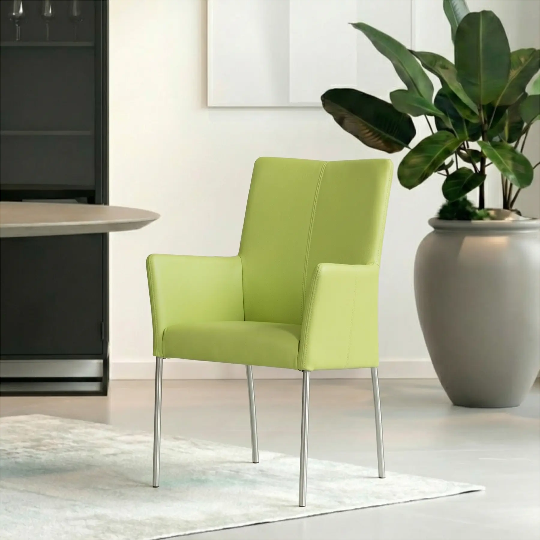 afbeelding van Set van 4 Leren eetkamerstoelen Comfort met armleuning - Hermes Lime (felgroen) - Poten staal rond RVS