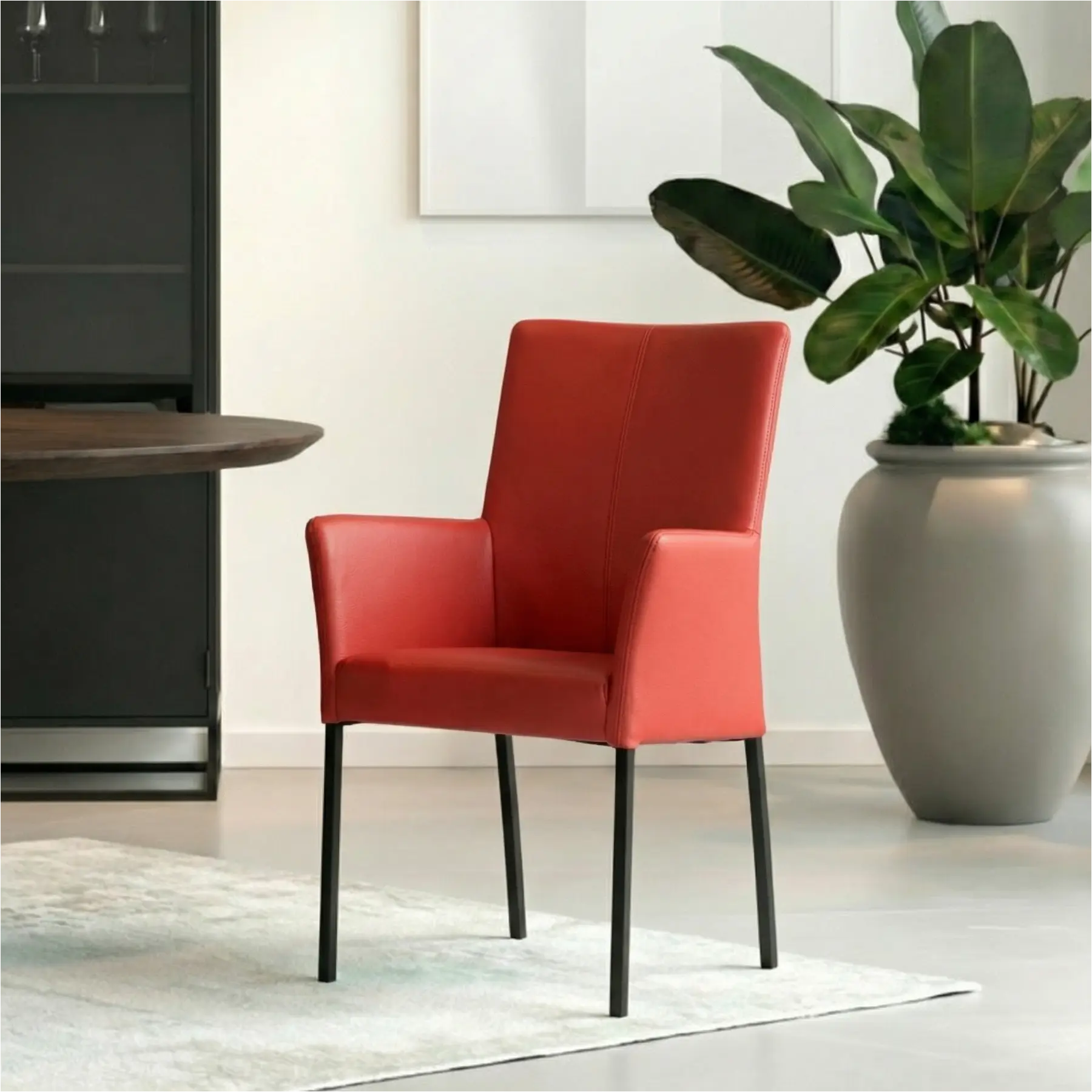 afbeelding van Set van 4 Leren eetkamerstoelen Comfort met armleuning - Toledo Ducati (rood) - Poten staal vierkant zwart