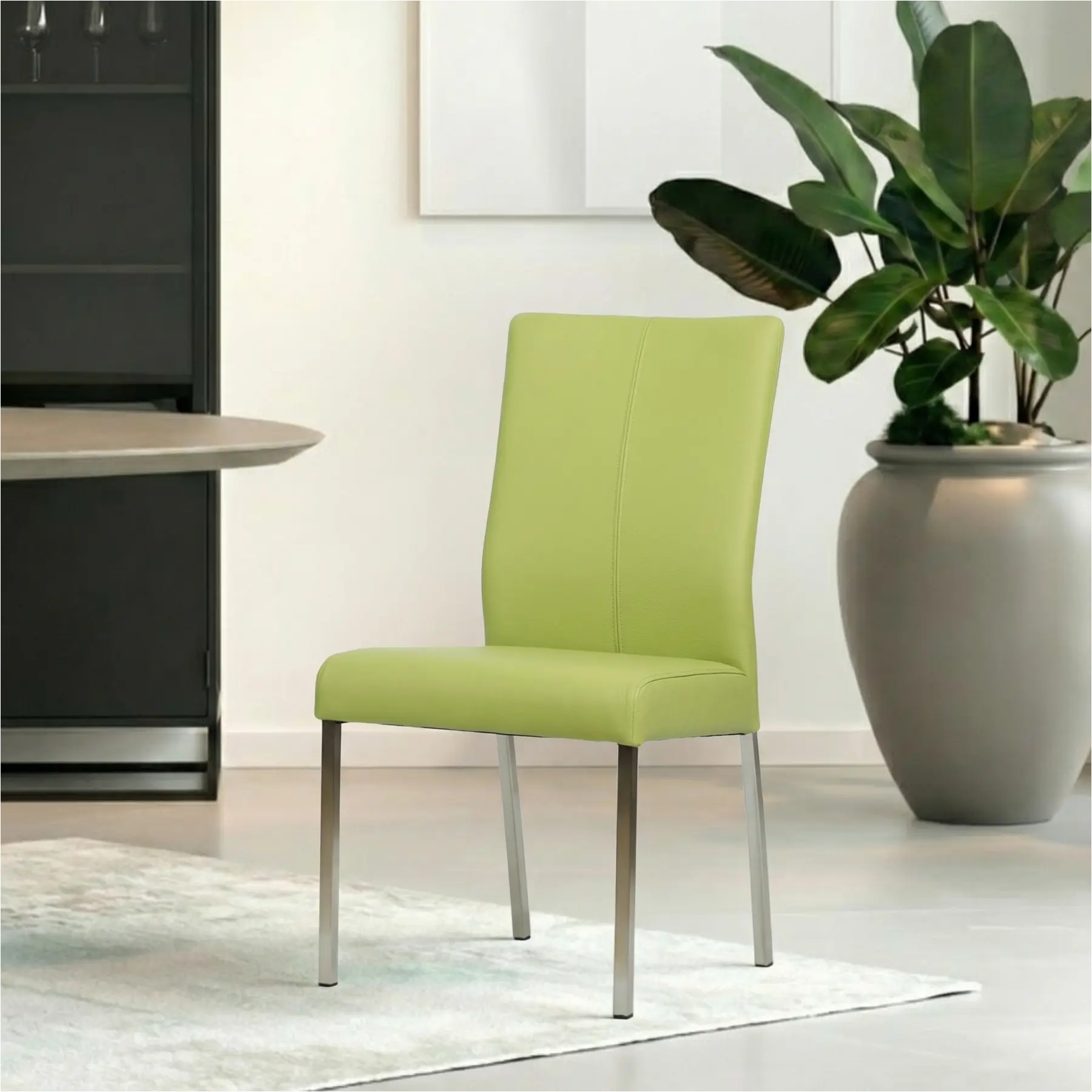 afbeelding van Set van 4 Leren eetkamerstoelen Comfort - Toledo Lime (felgroen) - Poten staal vierkant RVS