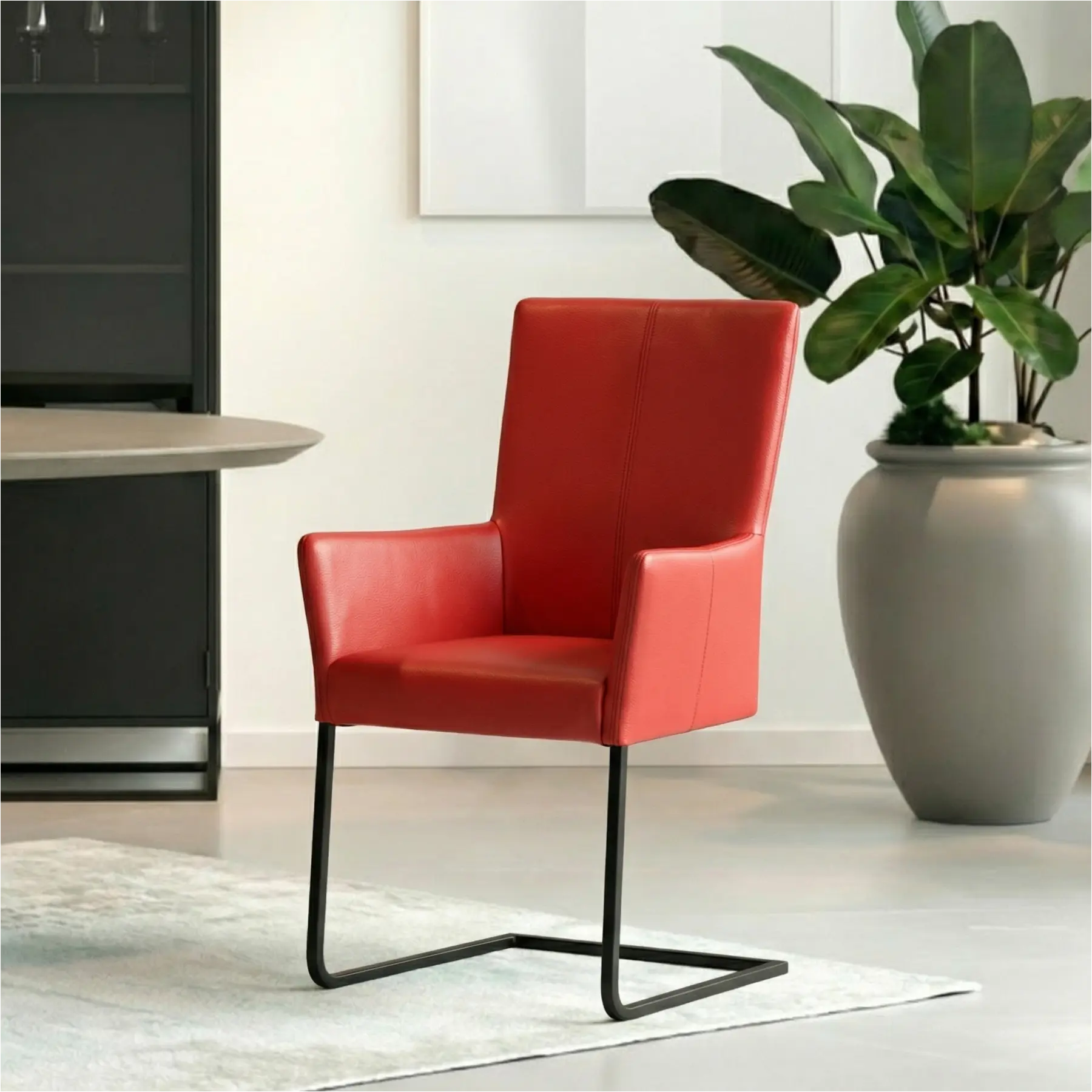 afbeelding van Set van 4 Leren eetkamerstoelen Dare met armleuning - Toledo Ferrari (felrood) - Sledepoot staal vierkant zwart