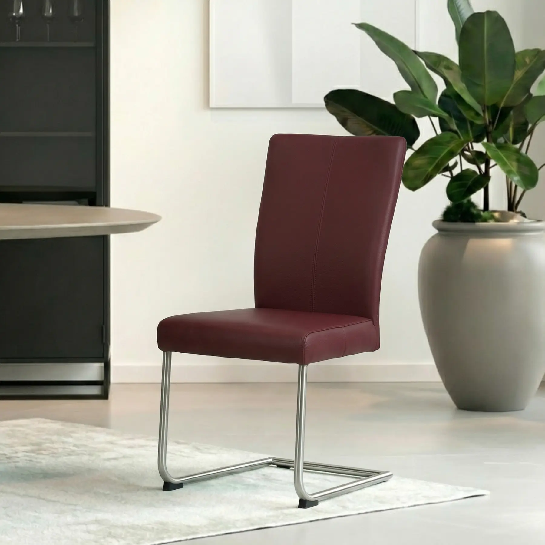 afbeelding van Set van 4 Leren eetkamerstoelen Dry - Toledo Bordeaux (donkerrood) - Sledepoot staal rond RVS