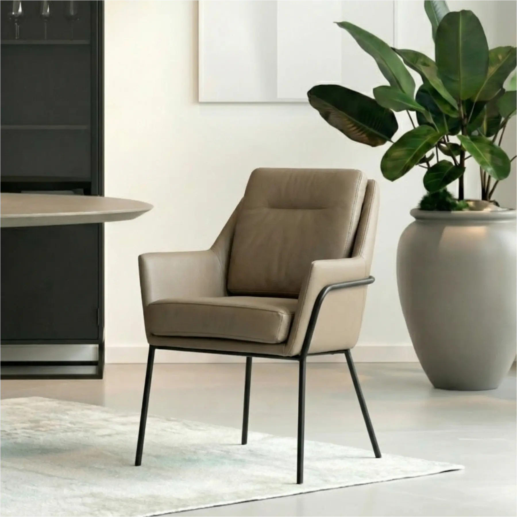 afbeelding van Set van 4 Leren eetkamerstoelen Mix - Hermes Mocca (taupe/bruin) - Poten staal rond zwart