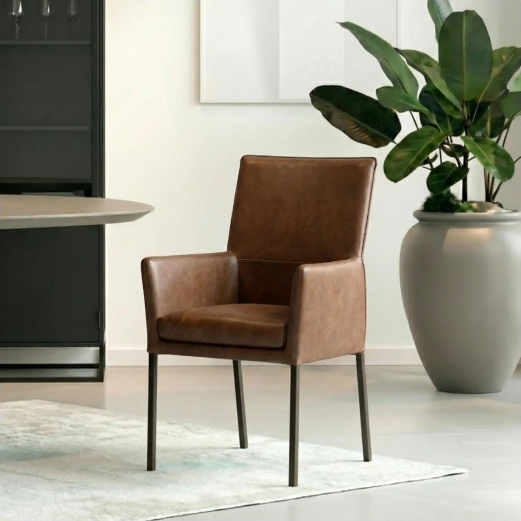 afbeelding van Set van 4 Leren eetkamerstoelen Royal - Vintage Brown (bruin) - Poten staal vierkant zwart