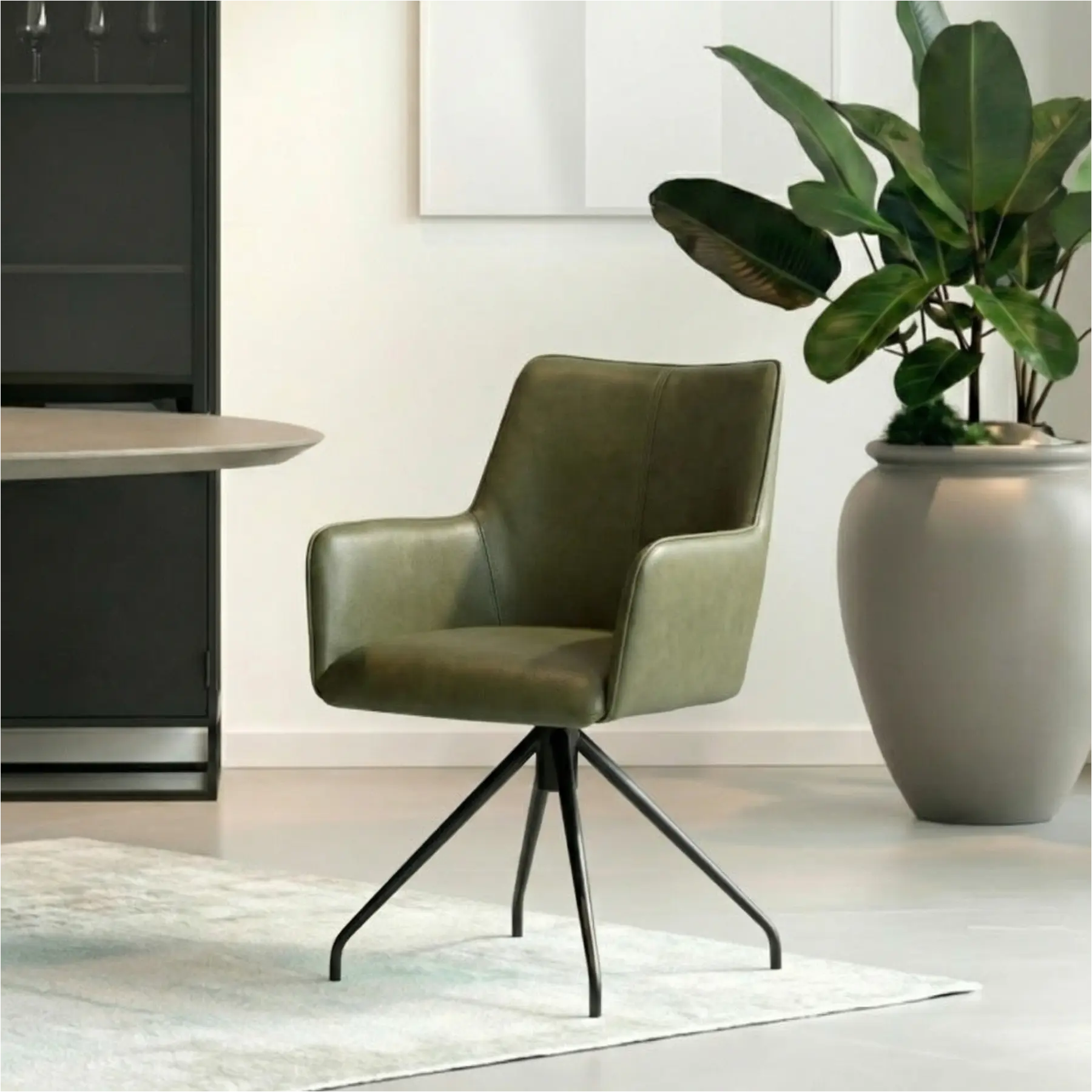 afbeelding van Set van 4 Leren eetkamerstoelen Wave - Granada Moss (olijf/groen) - Spinpoot staal rond zwart