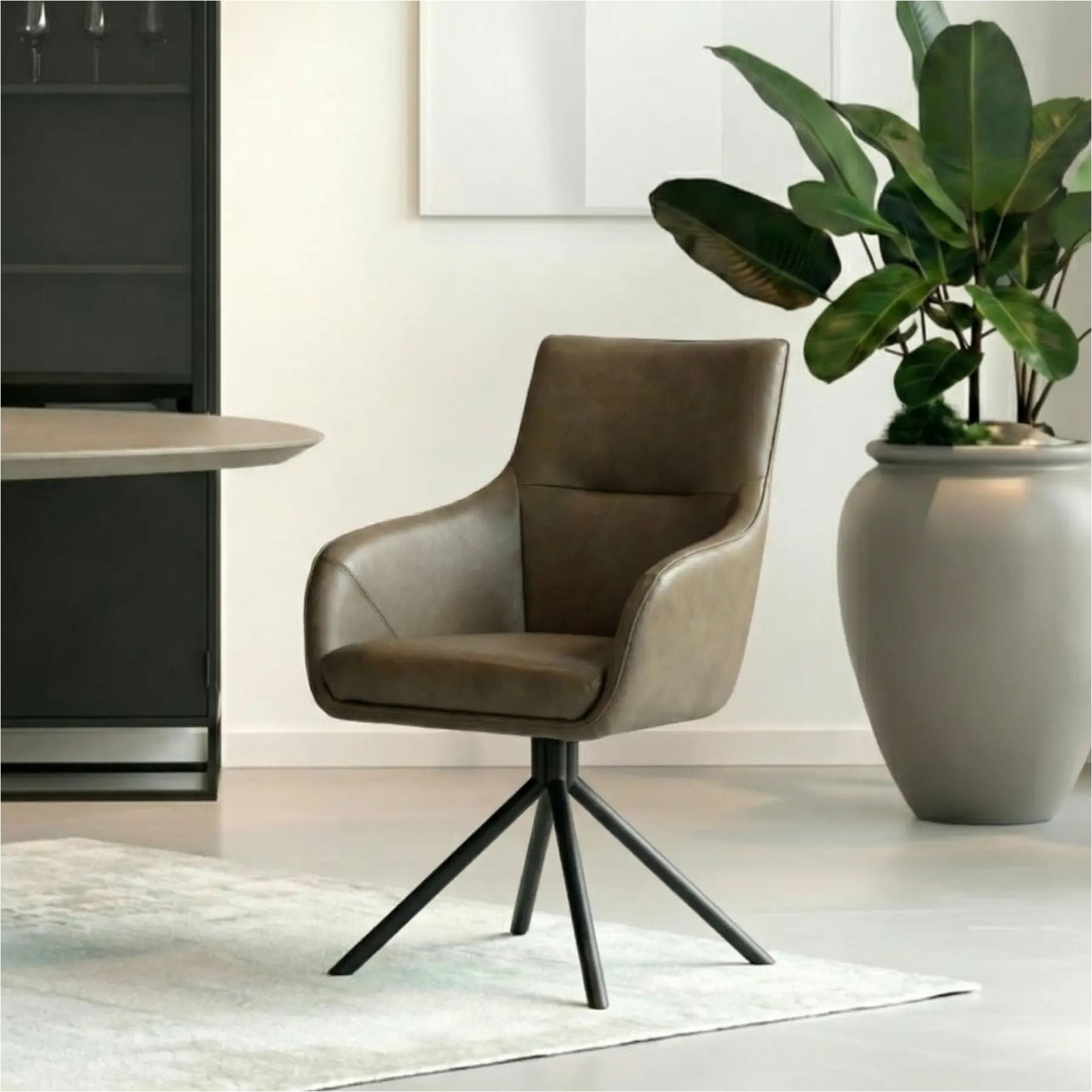 afbeelding van Set van 6 Leren draaibare eetkamerstoelen Fancy - Granada Ash (grijs/bruin) - Spinpoot staal rond zwart