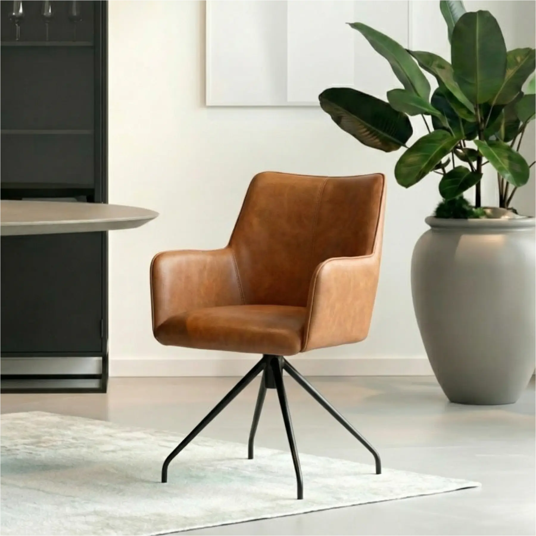 afbeelding van Set van 6 Leren draaibare eetkamerstoelen Wave - Granada Sahara (cognac) - Spinpoot staal rond zwart