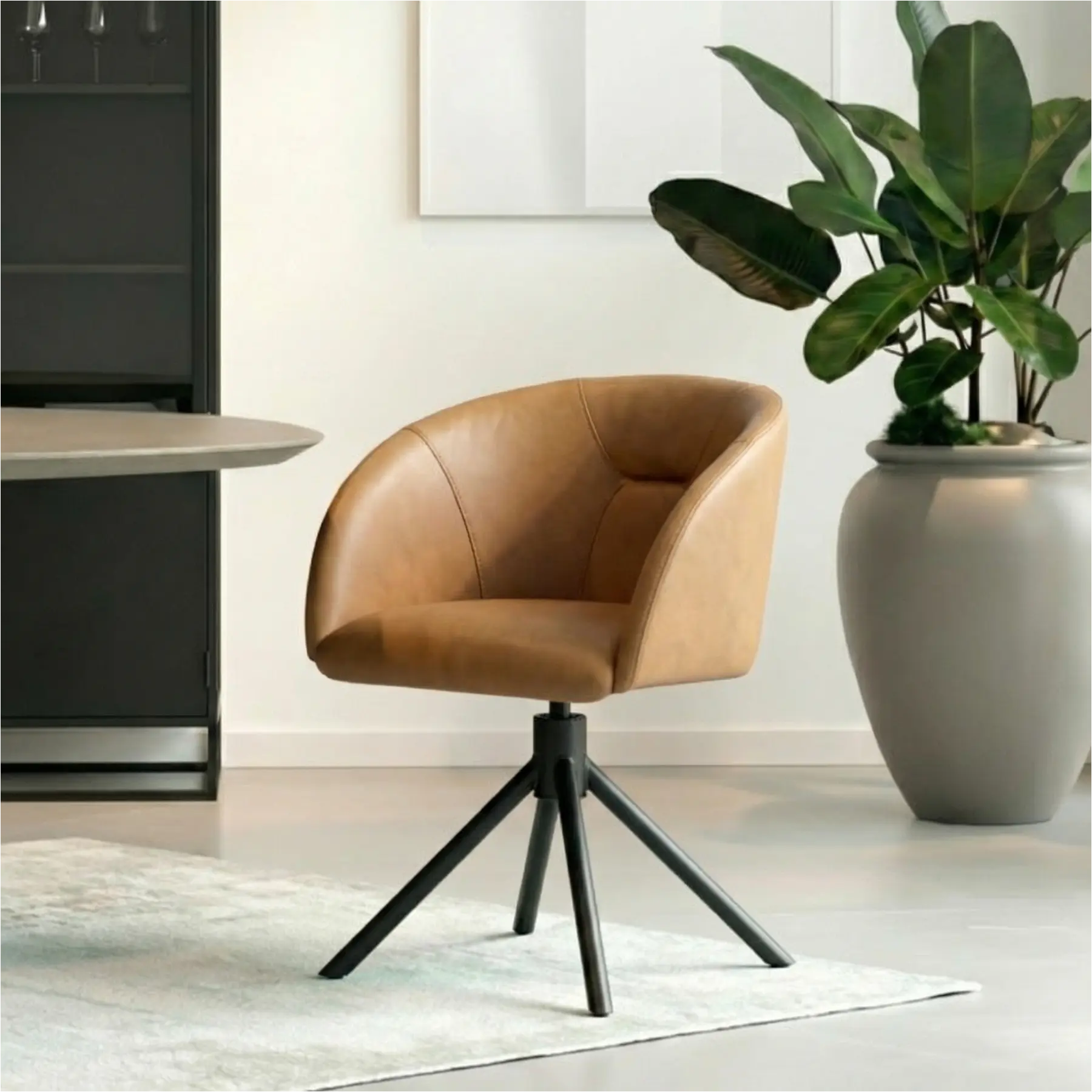 afbeelding van Set van 6 Leren eetkamerstoelen Charm - Rancho Clay (bruin) - Spinpoot staal rond zwart