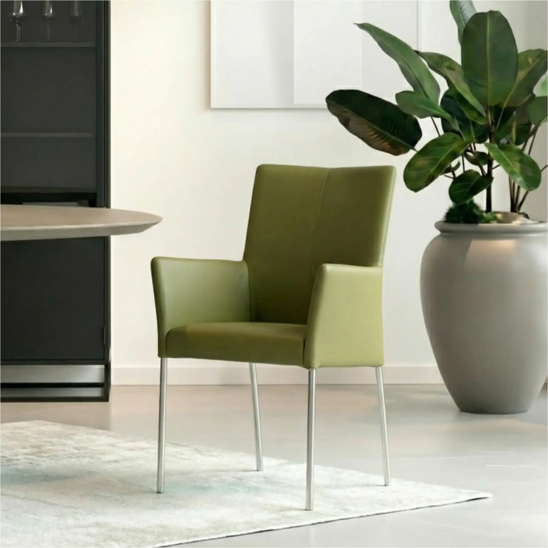 afbeelding van Set van 6 Leren eetkamerstoelen Comfort met armleuning - Toledo Apple Green (groen) - Poten staal rond RVS